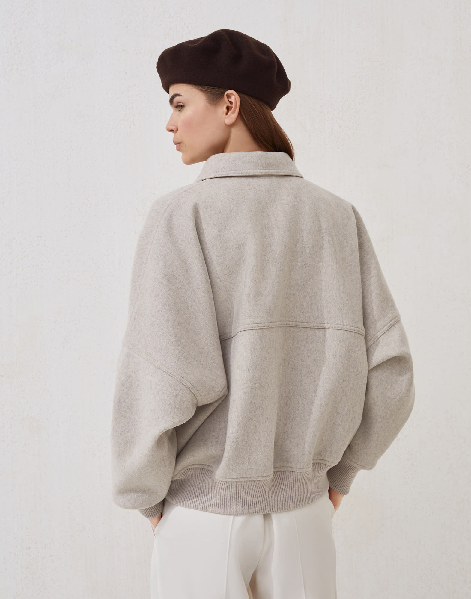 Cashmere and wool double cloth bomber jacket with shiny zipper pull