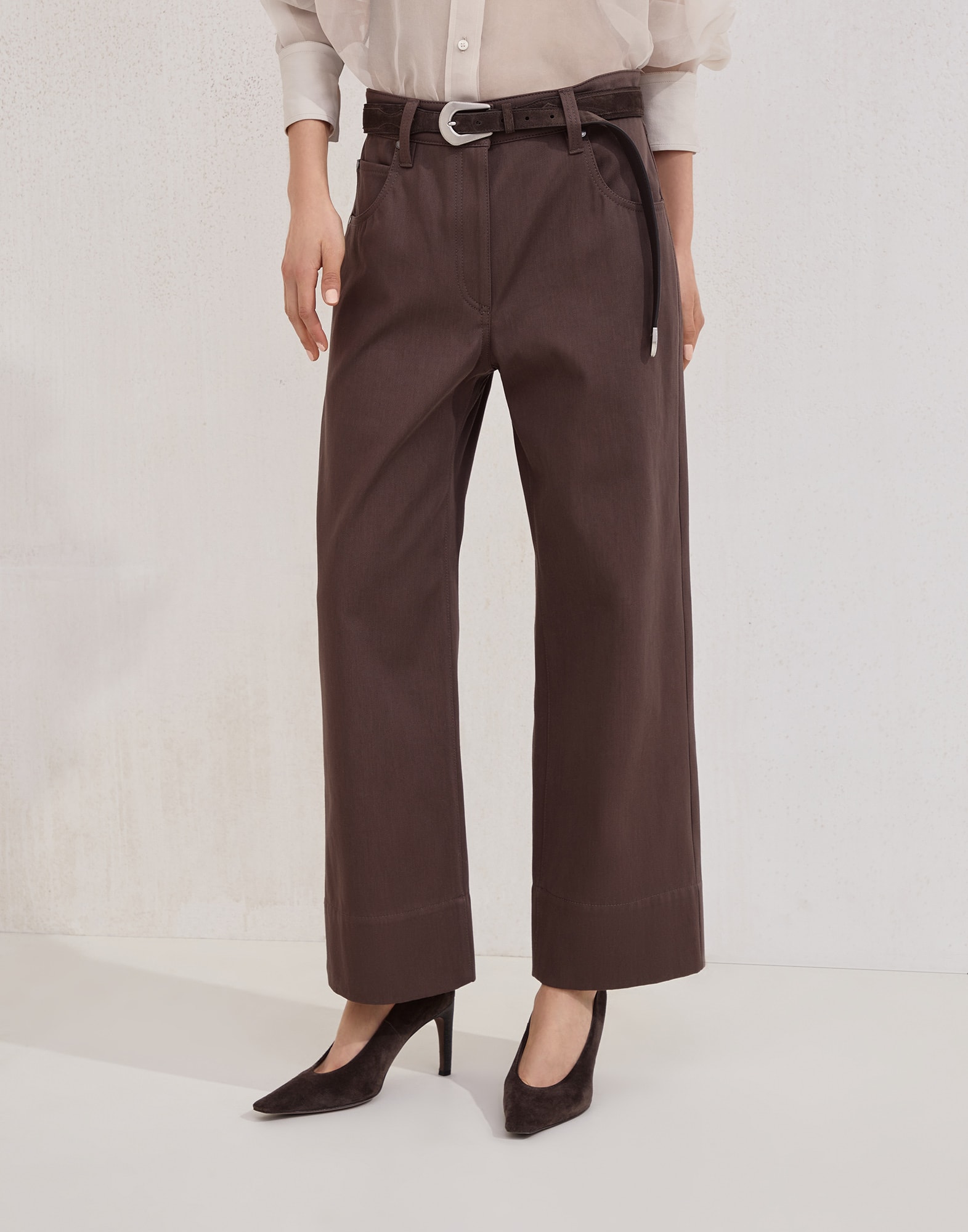 Couture cotton gabardine square chino trousers with monili