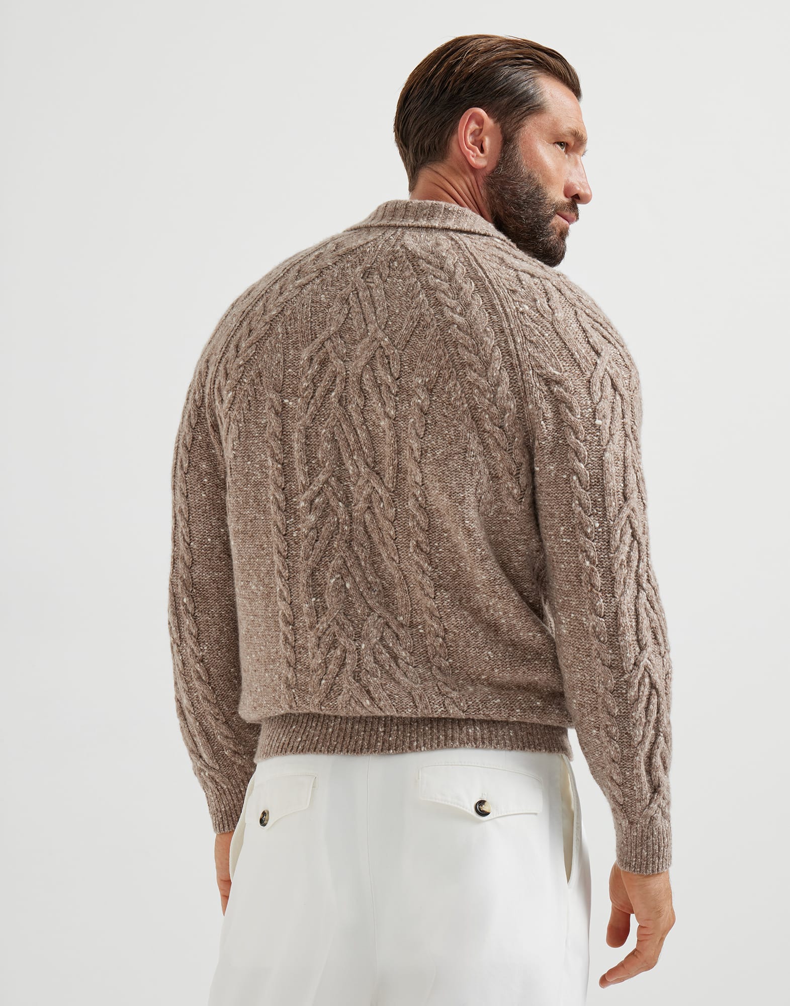 Flecked cashmere wide cable knit polo shirt
