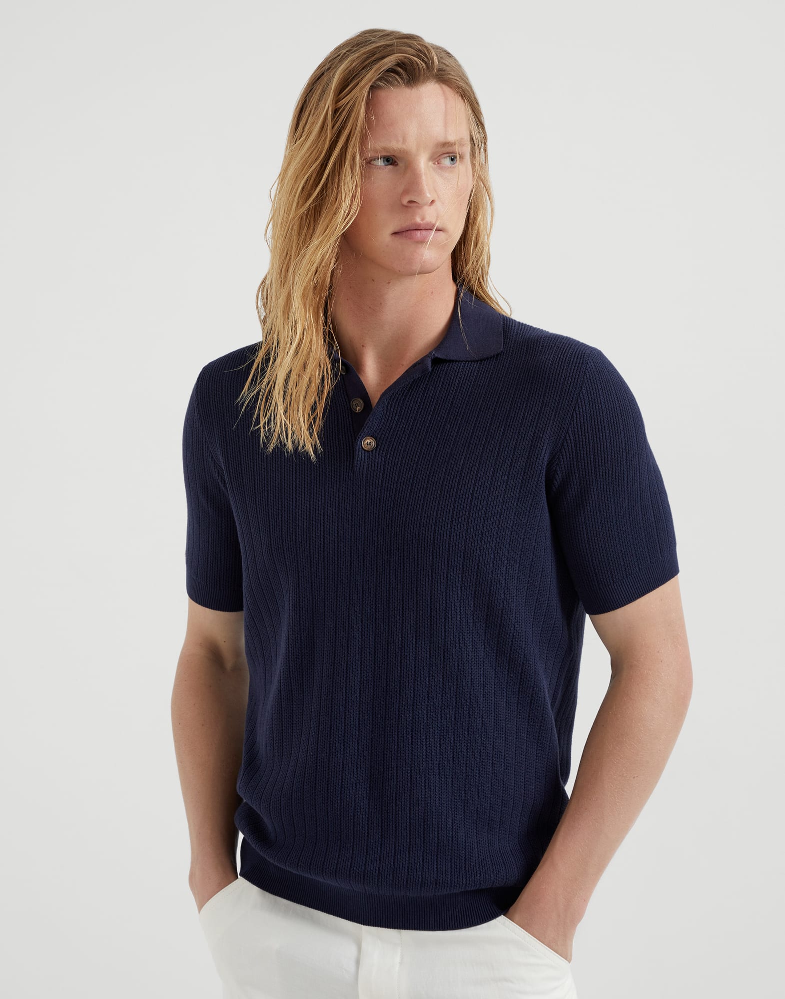 Cotton wide rib knit polo shirt