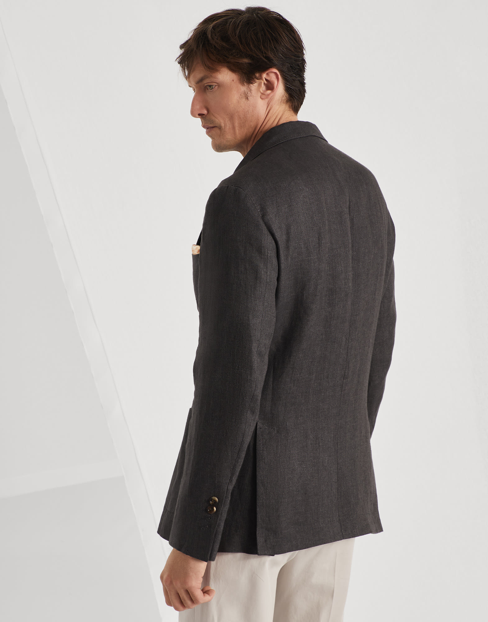 Linen chevron one-and-a-half breasted deconstructed blazer with patch pockets