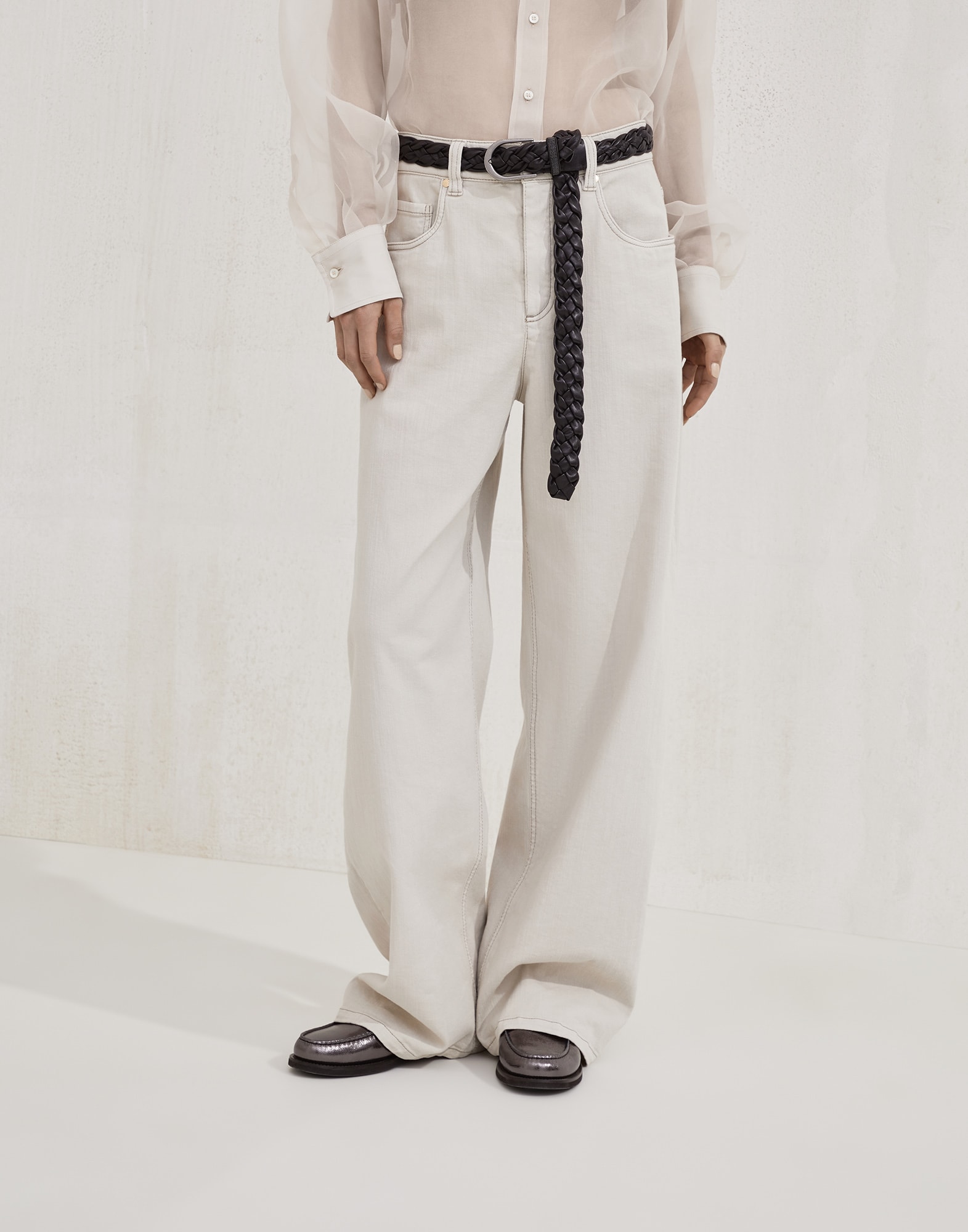 Stretch dyed denim loose barrel trousers with monili
