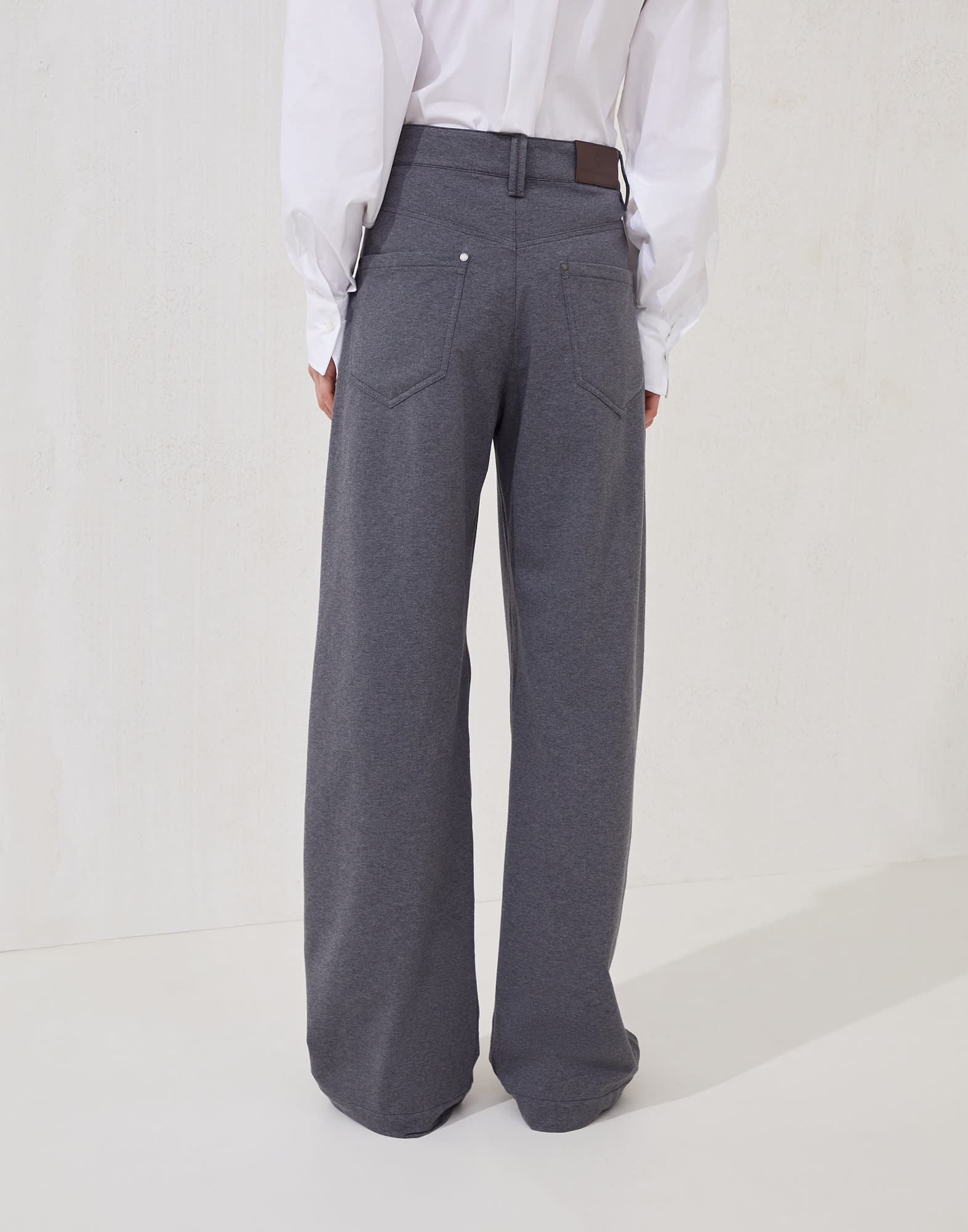 Stretch cotton lightweight French terry loose five-pocket trousers with monili