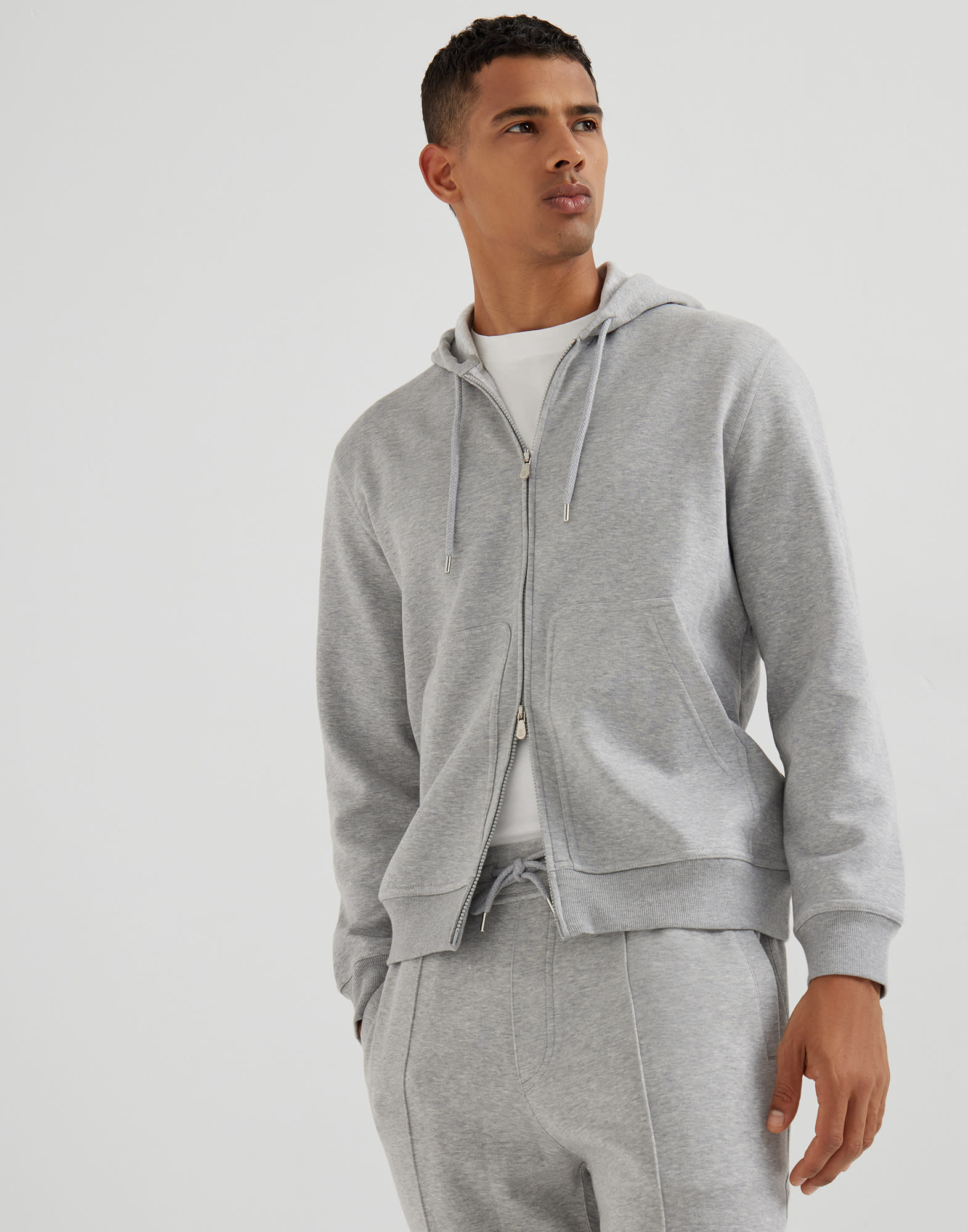 Cotton, cashmere and silk French terry double cloth hooded sweatshirt with zipper