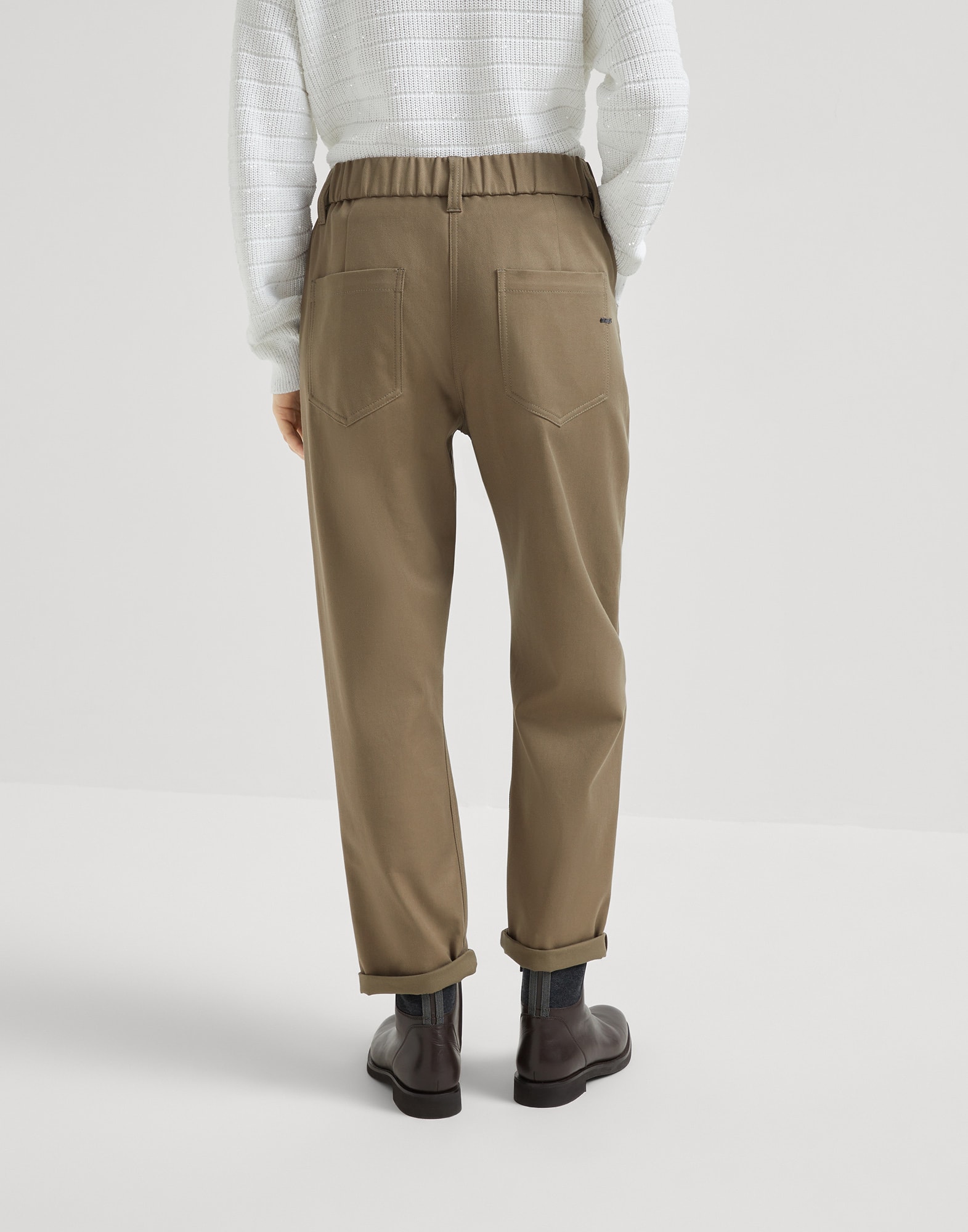 Stretch cotton cover baggy pull-on trousers with shiny bartack