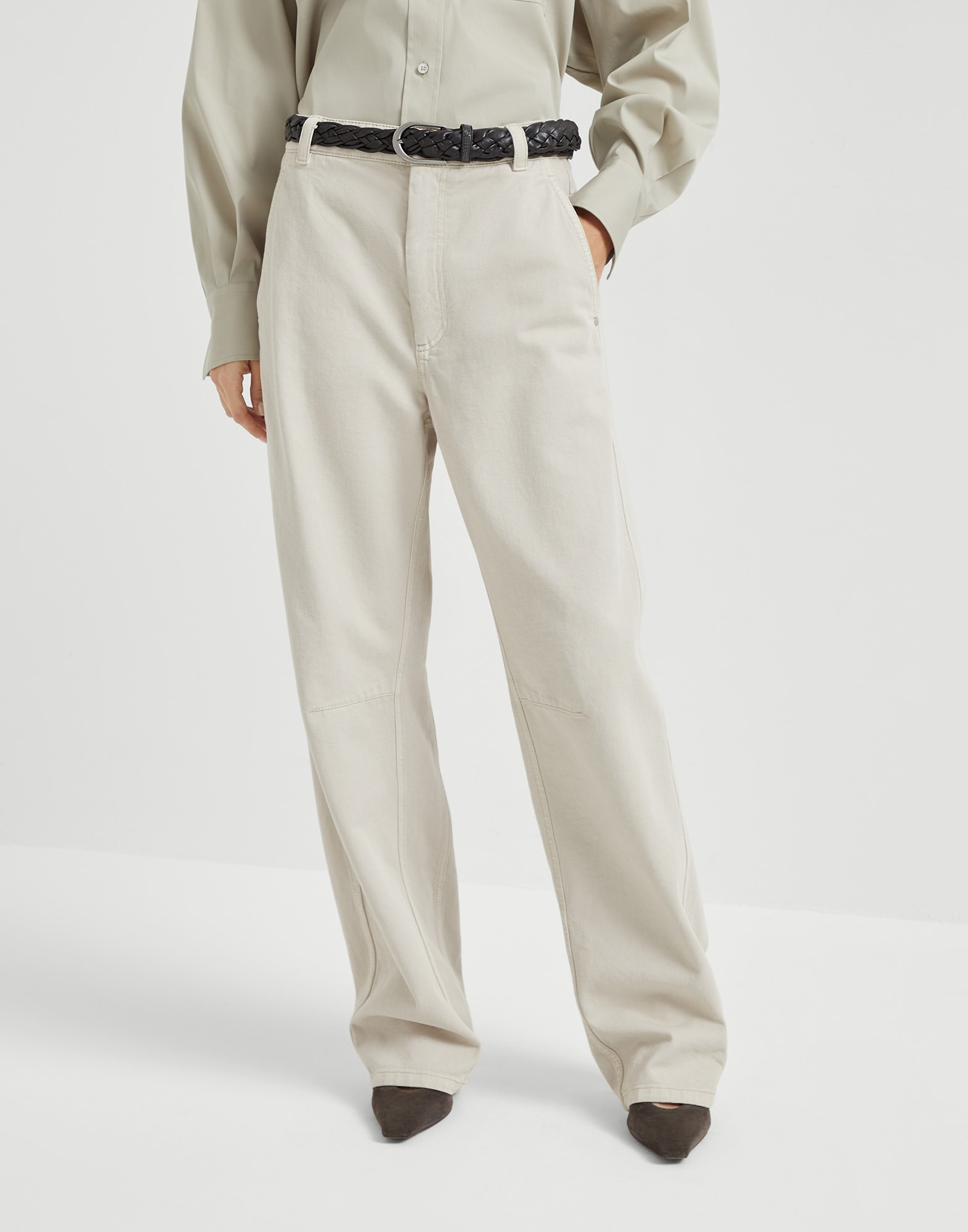 Dyed denim soft curved trousers with monili