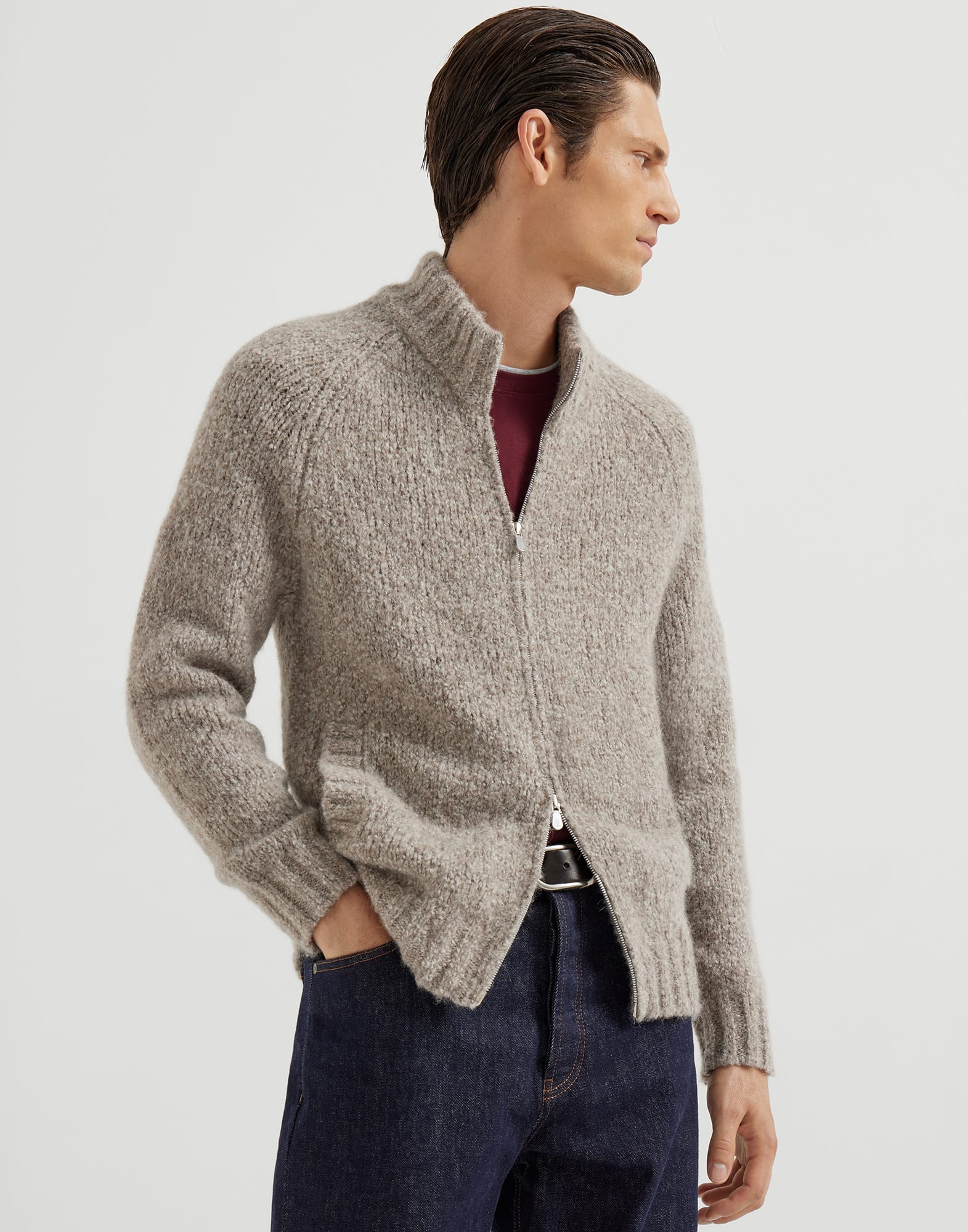 Flecked alpaca, virgin wool and cashmere cardigan with zipper and raglan sleeves