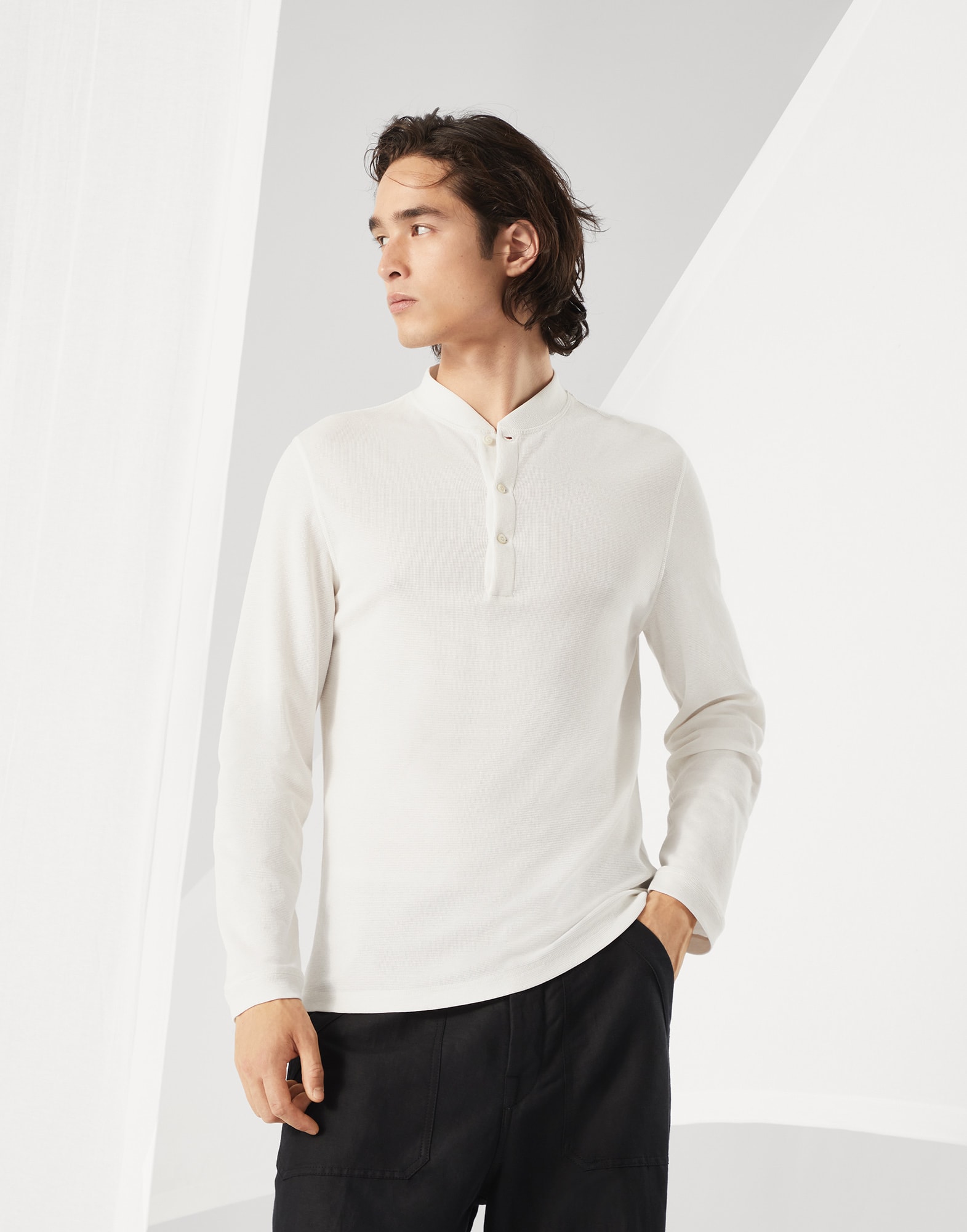 Cotton waffle jersey long sleeve T-shirt with Henley collar