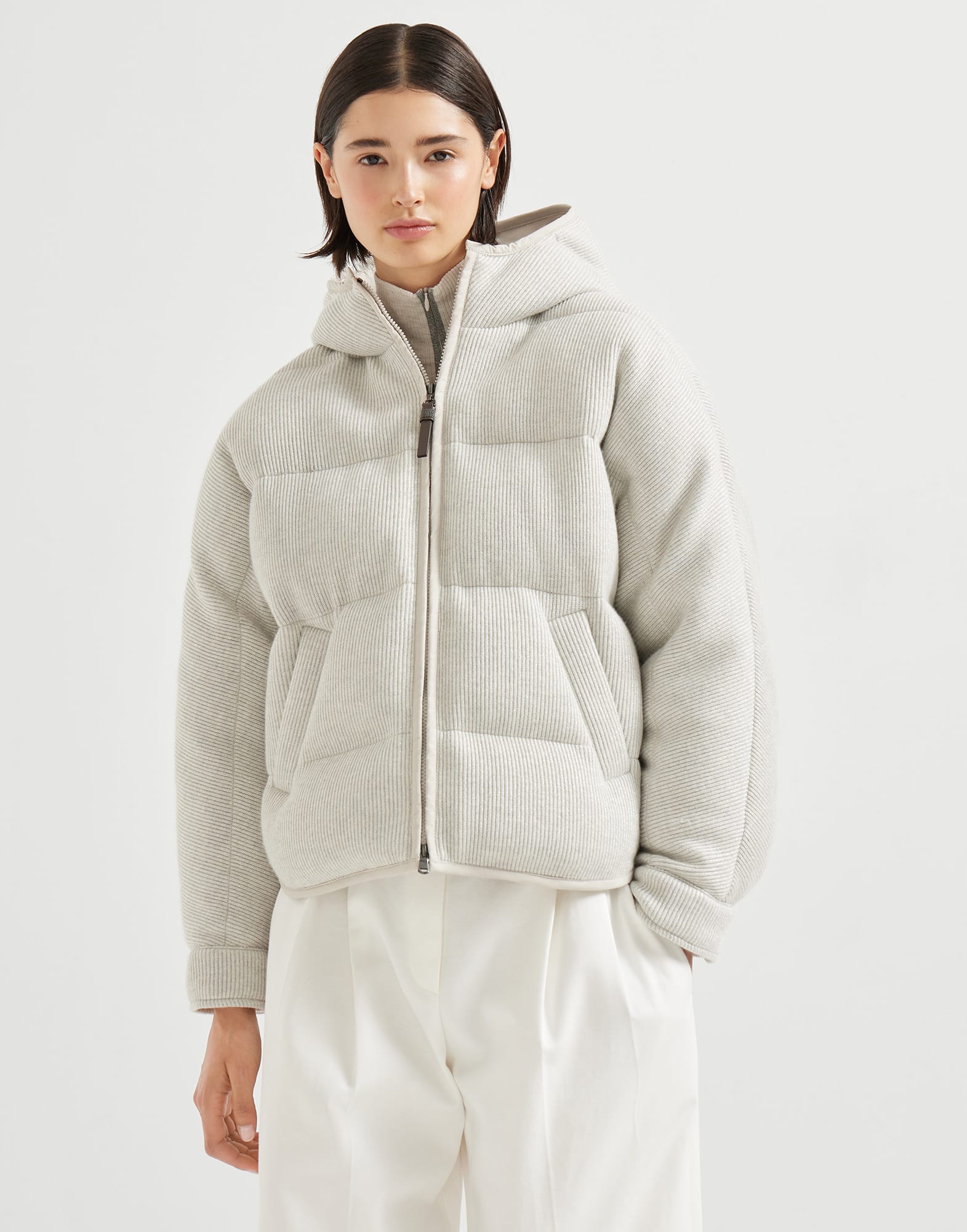 Sparkling cashmere English rib knit hooded down jacket with shiny zipper pull