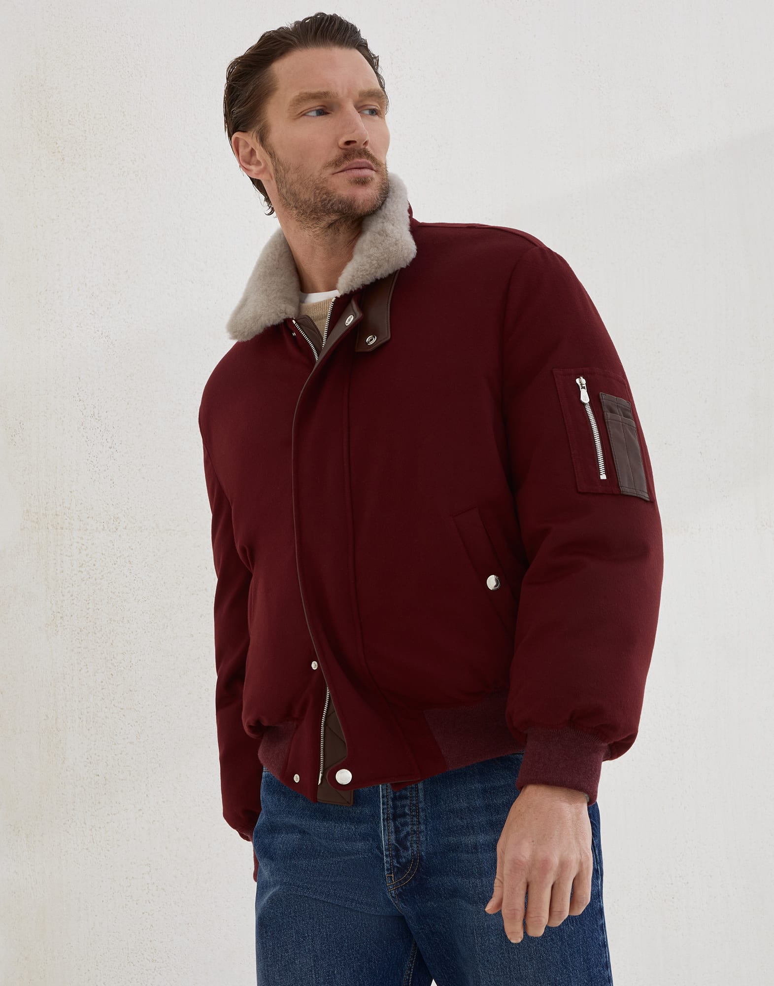 Bonded wool flannel down jacket with shearling-lined collar