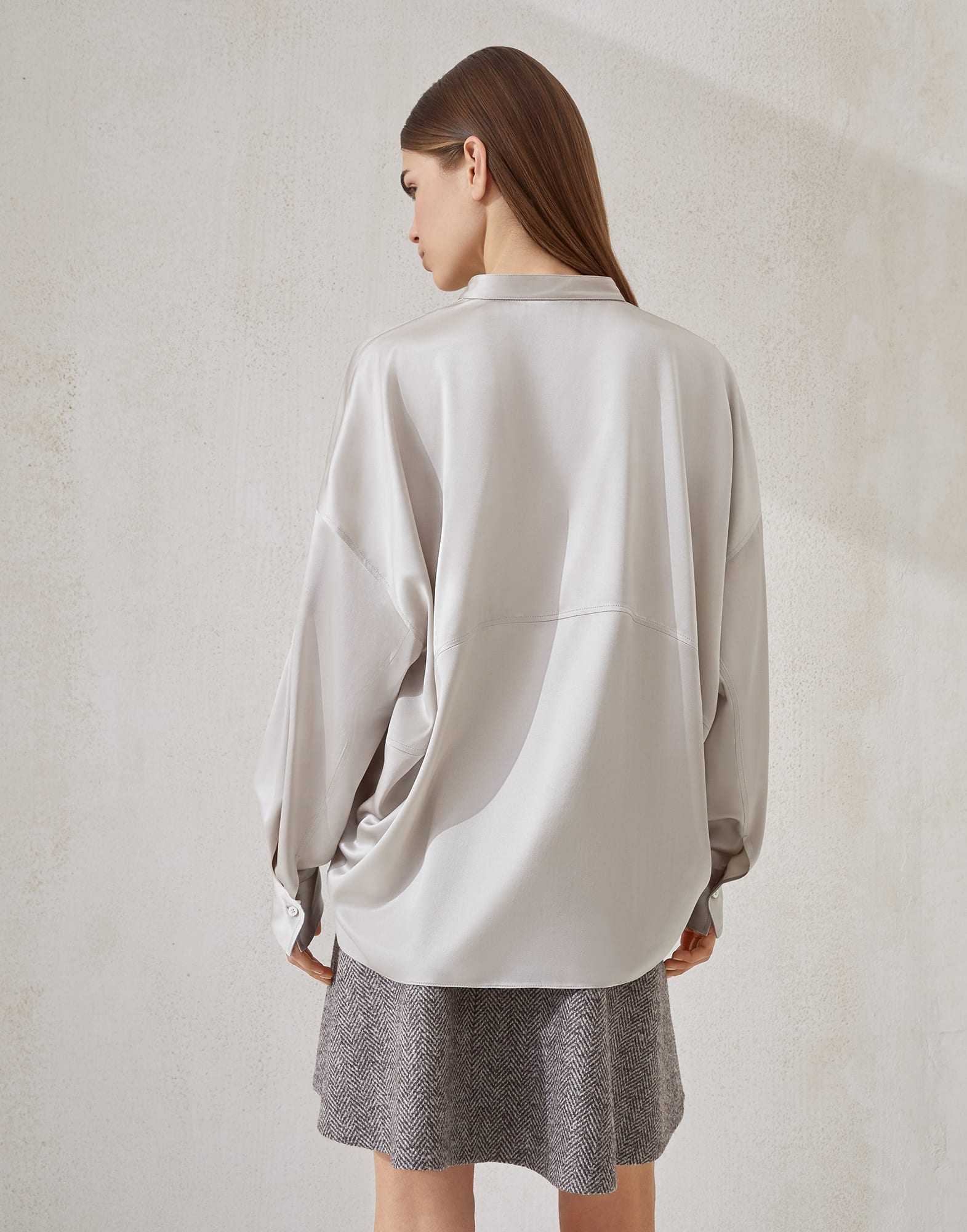 Stretch silk satin blouse with shiny plastron