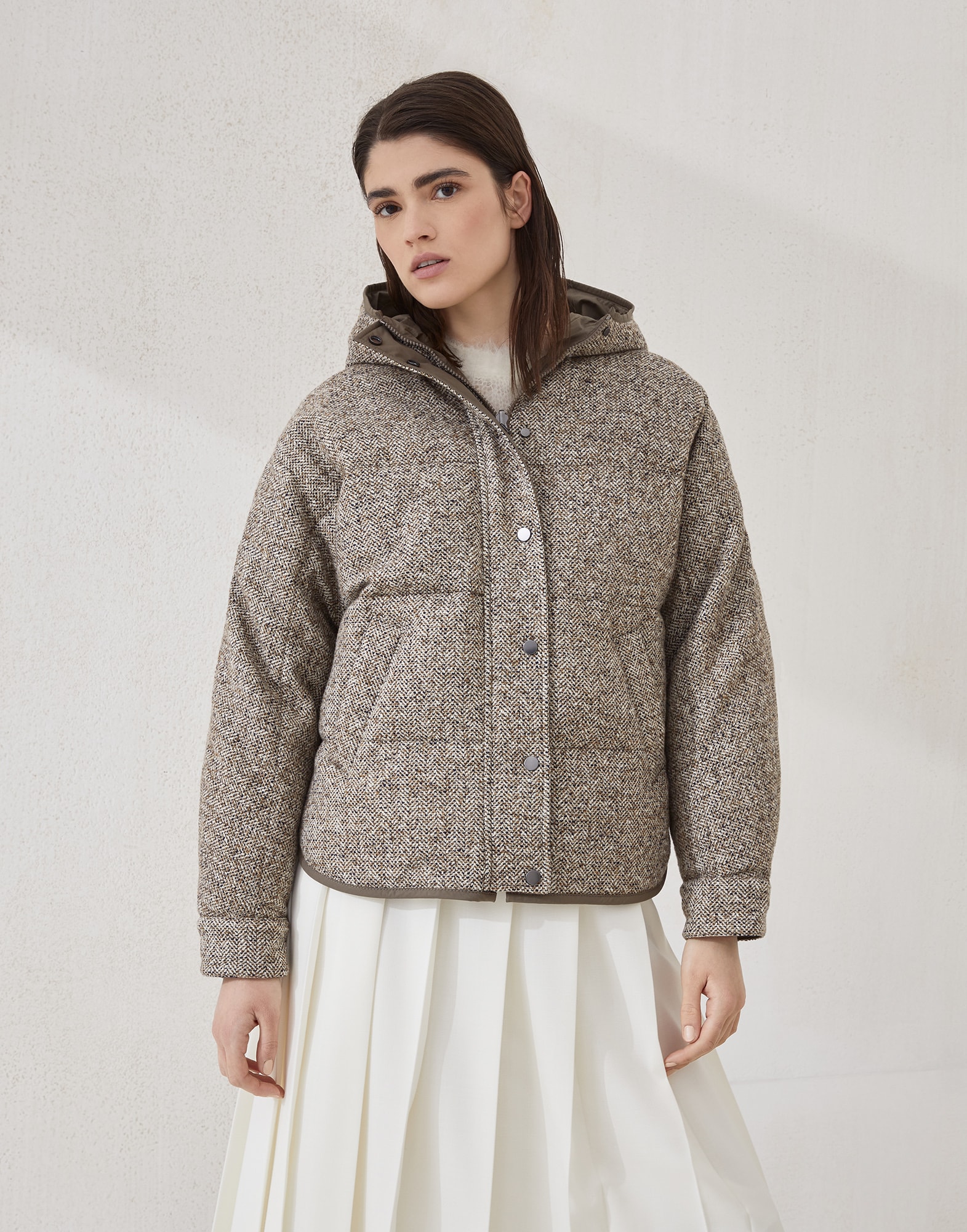 Flecked virgin wool and silk chevron hooded down jacket