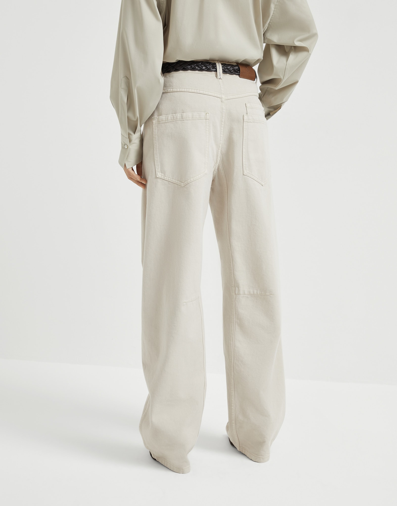 Dyed denim soft curved trousers with monili
