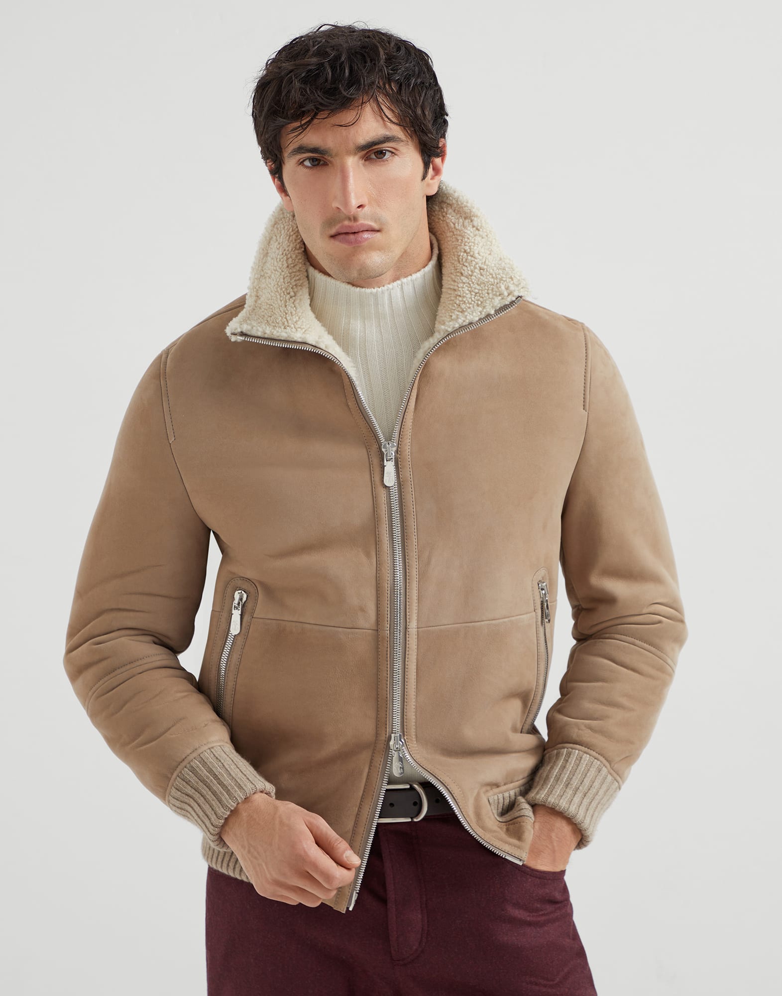 Suede curly shearling bomber jacket with cashmere knit collar