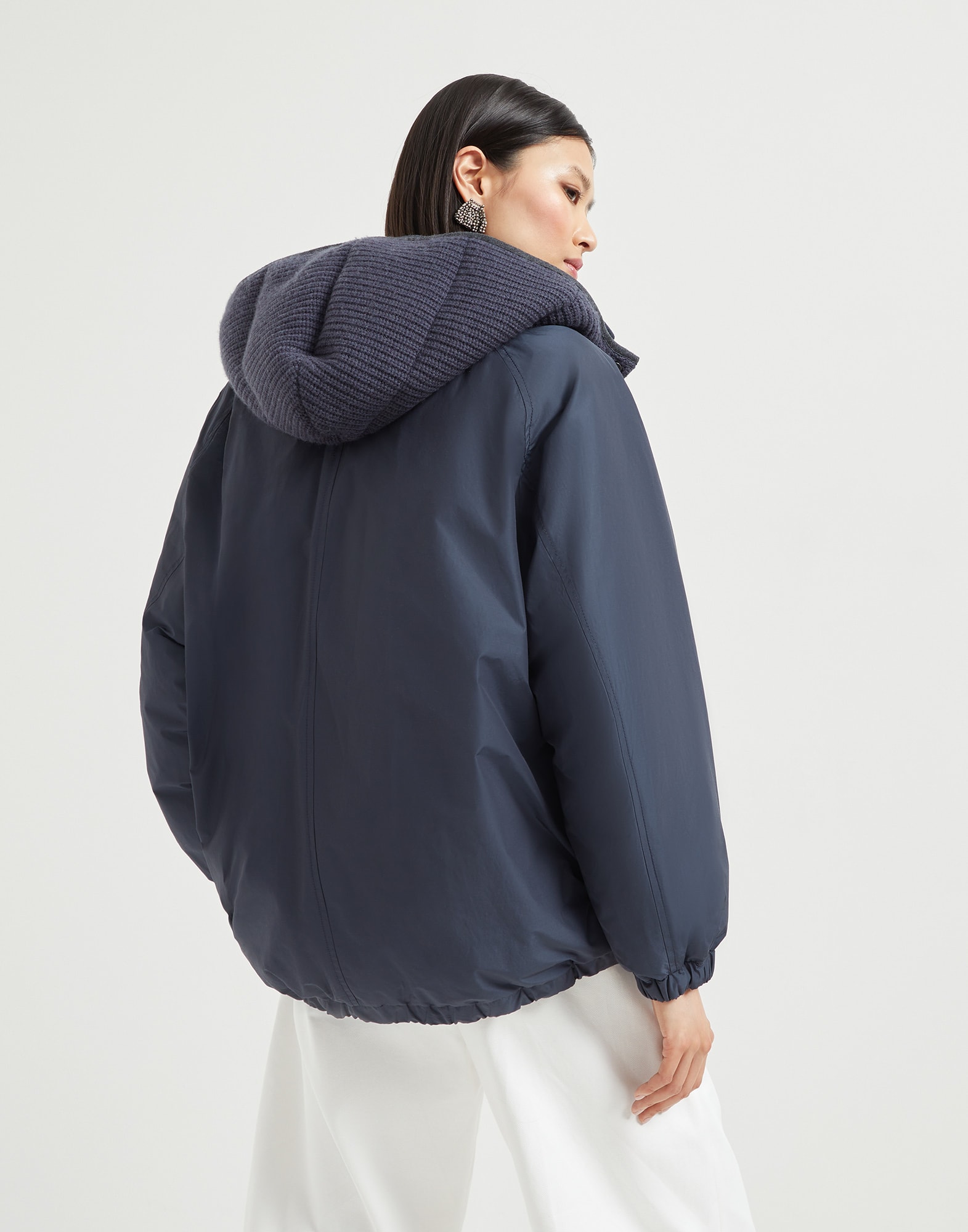 Techno cotton water-resistant taffeta down jacket with detachable hood and shiny zipper pull