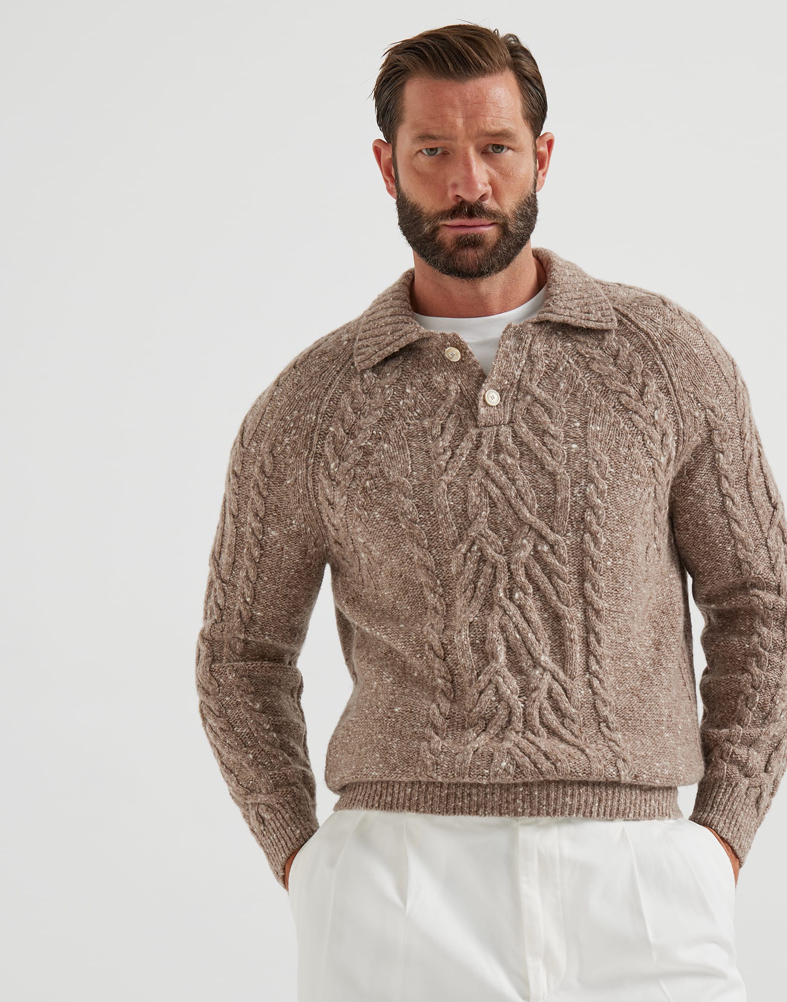 Flecked cashmere wide cable knit polo shirt