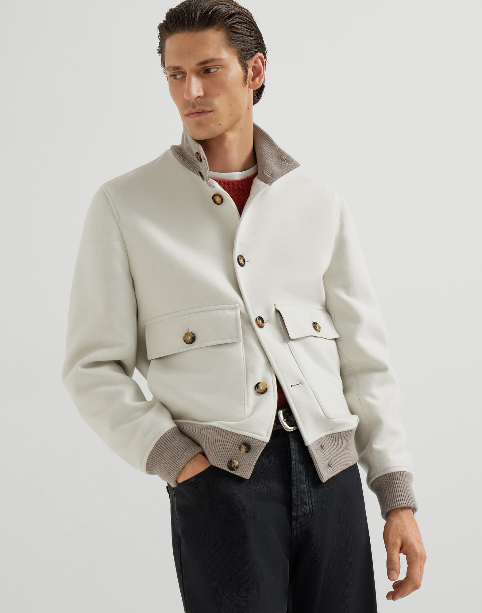 Wool flannel double cloth bomber jacket