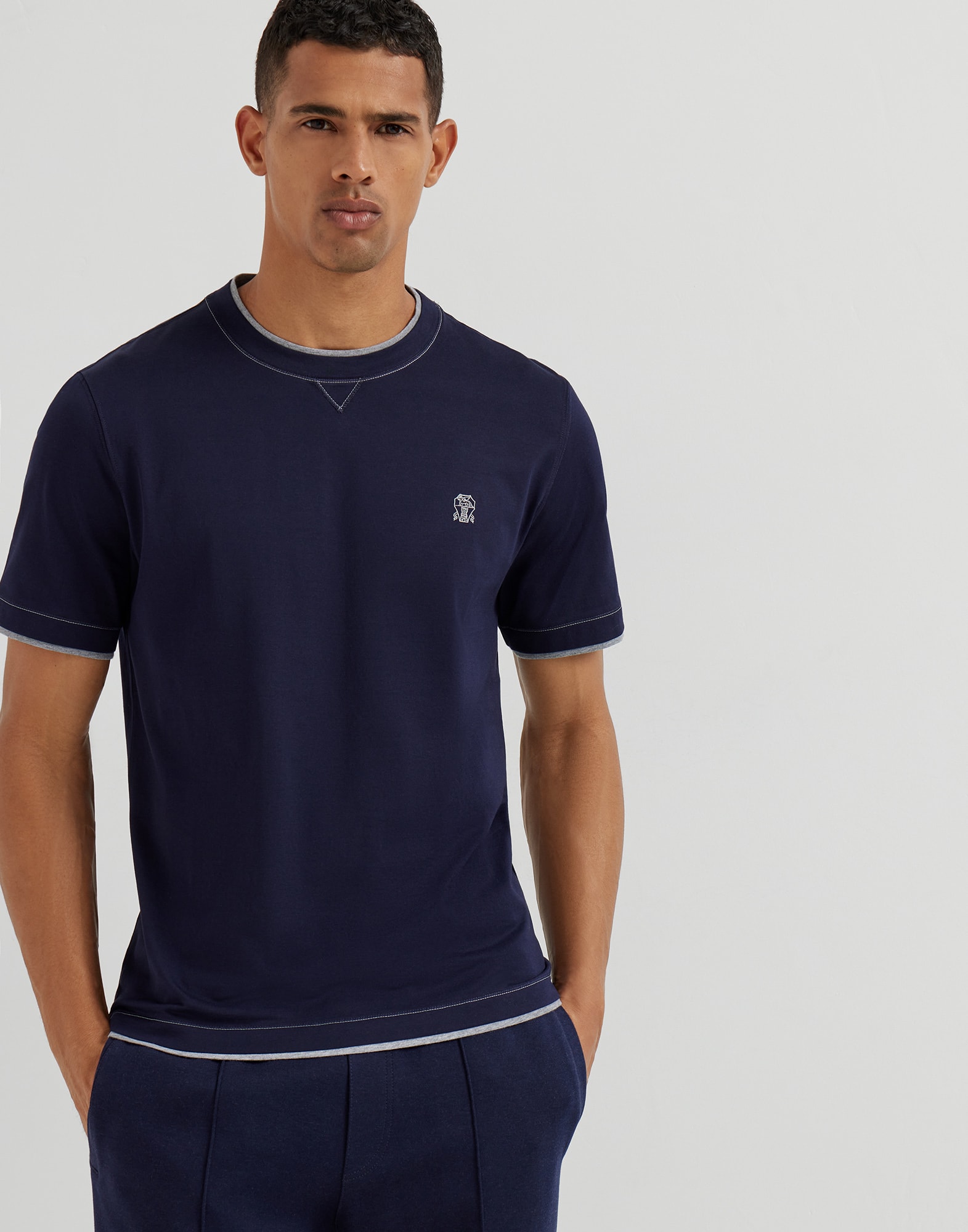 Cotton jersey crew neck T-shirt with logo and faux-layering