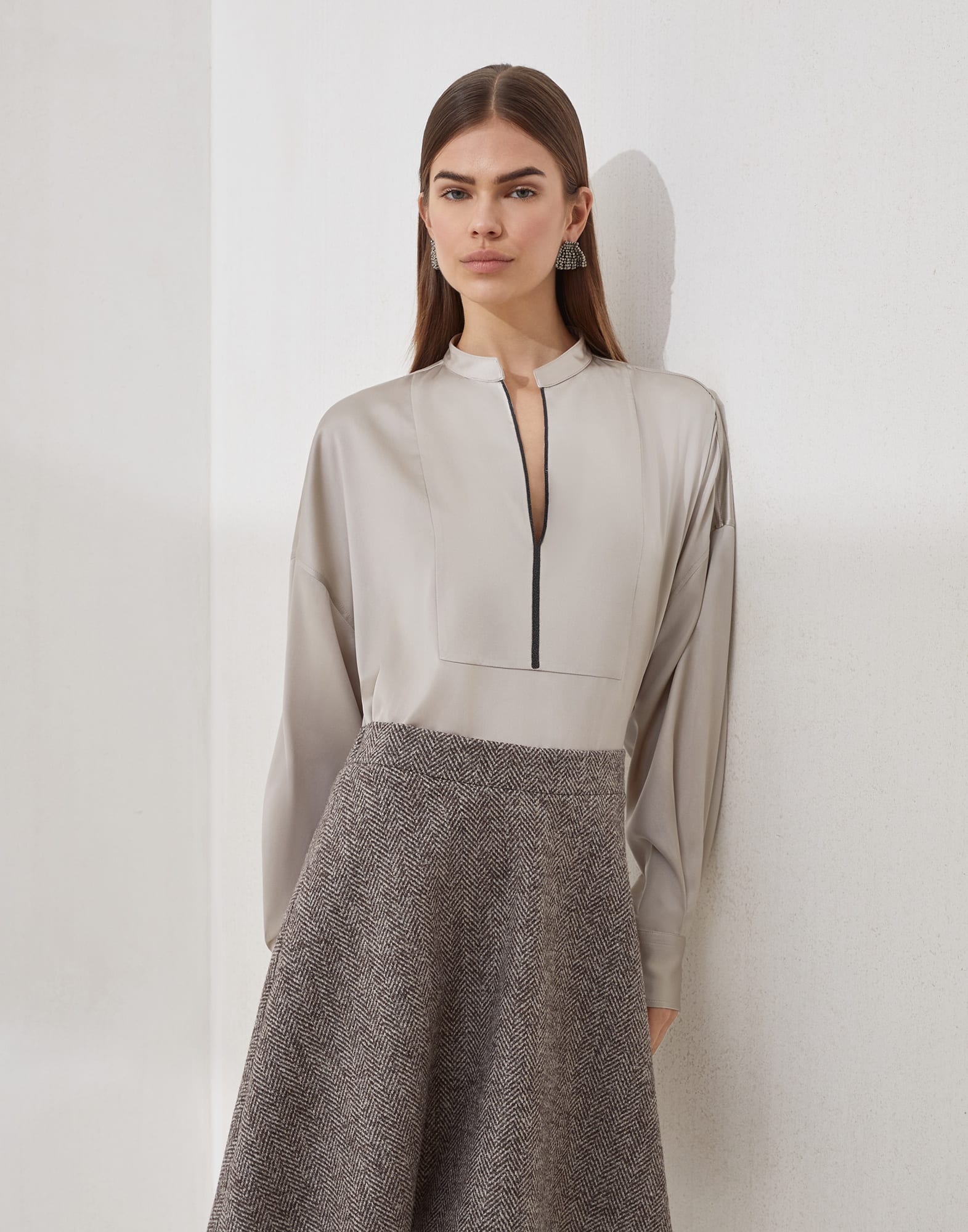 Stretch silk satin blouse with shiny plastron