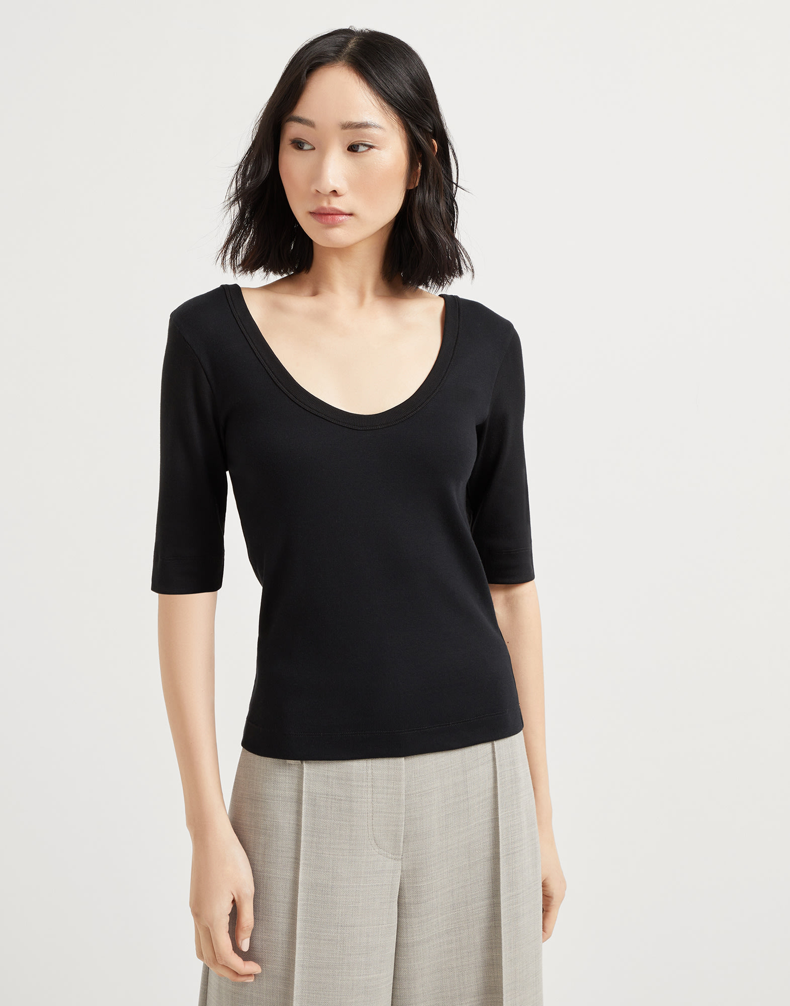 Stretch cotton ribbed jersey T-shirt with monili