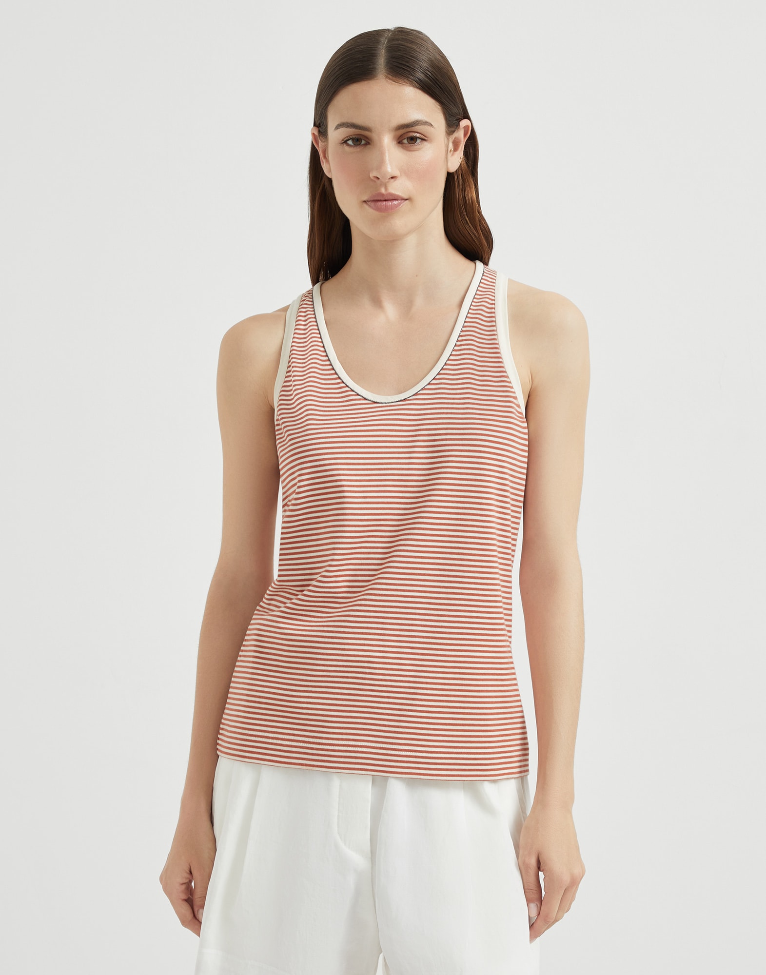 Striped cotton jersey top with shiny neck detail