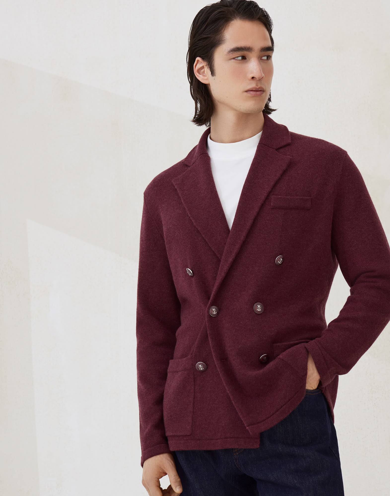 Cashmere one-and-a-half-breasted blazer-style cardigan with metal buttons