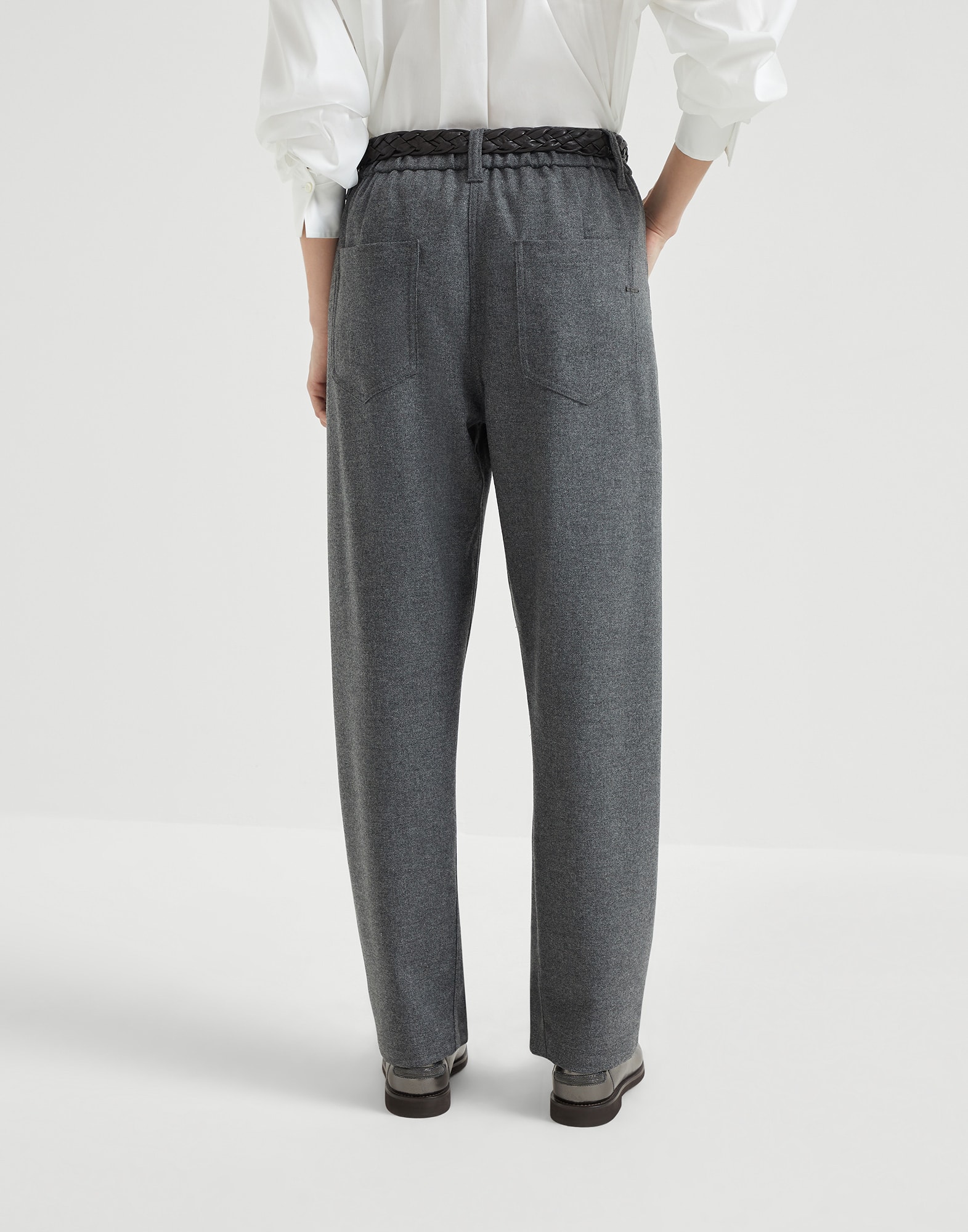 Virgin wool and cashmere twill flannel baggy trousers with monili