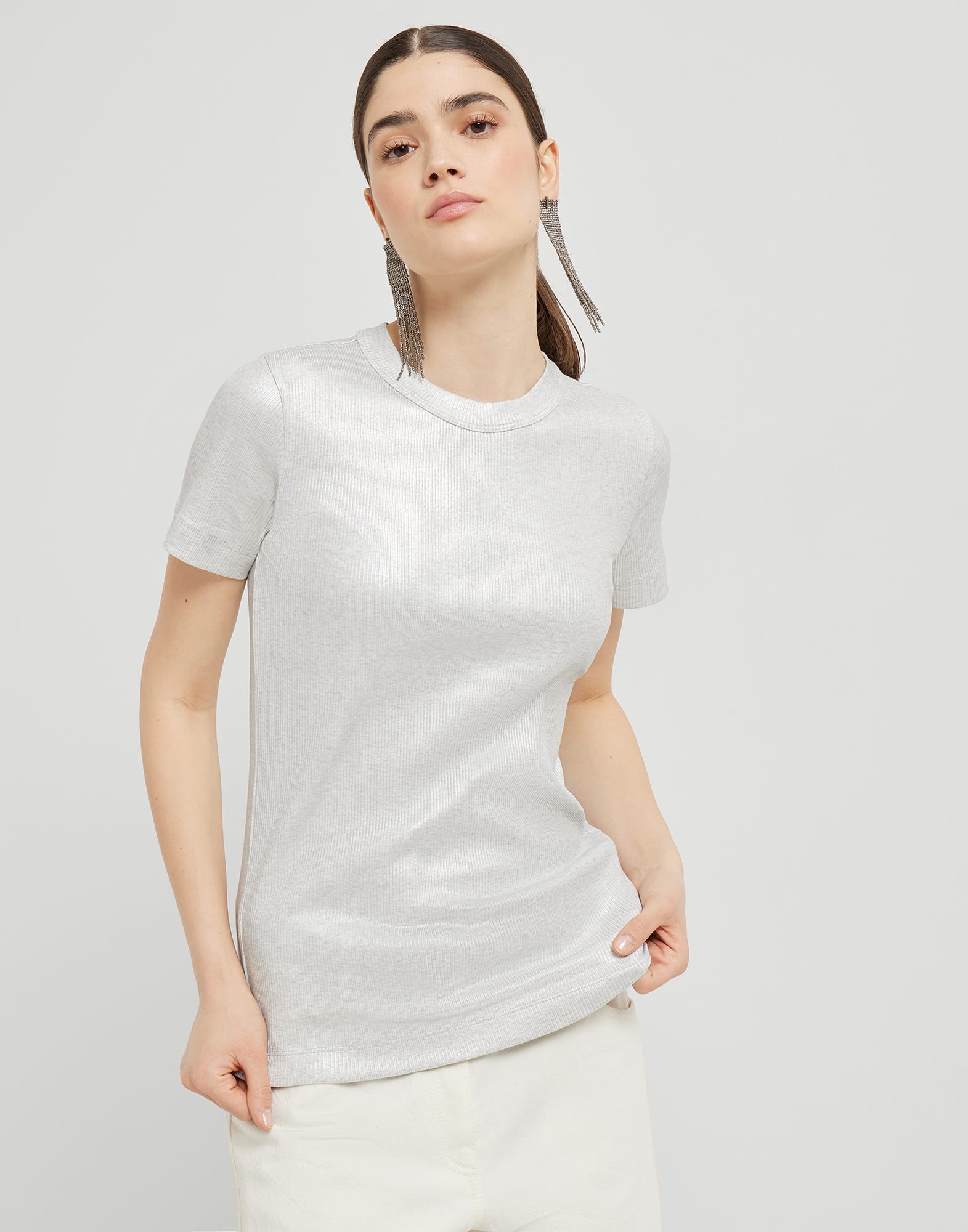 Sparkling stretch cotton ribbed jersey T-shirt with shiny tab