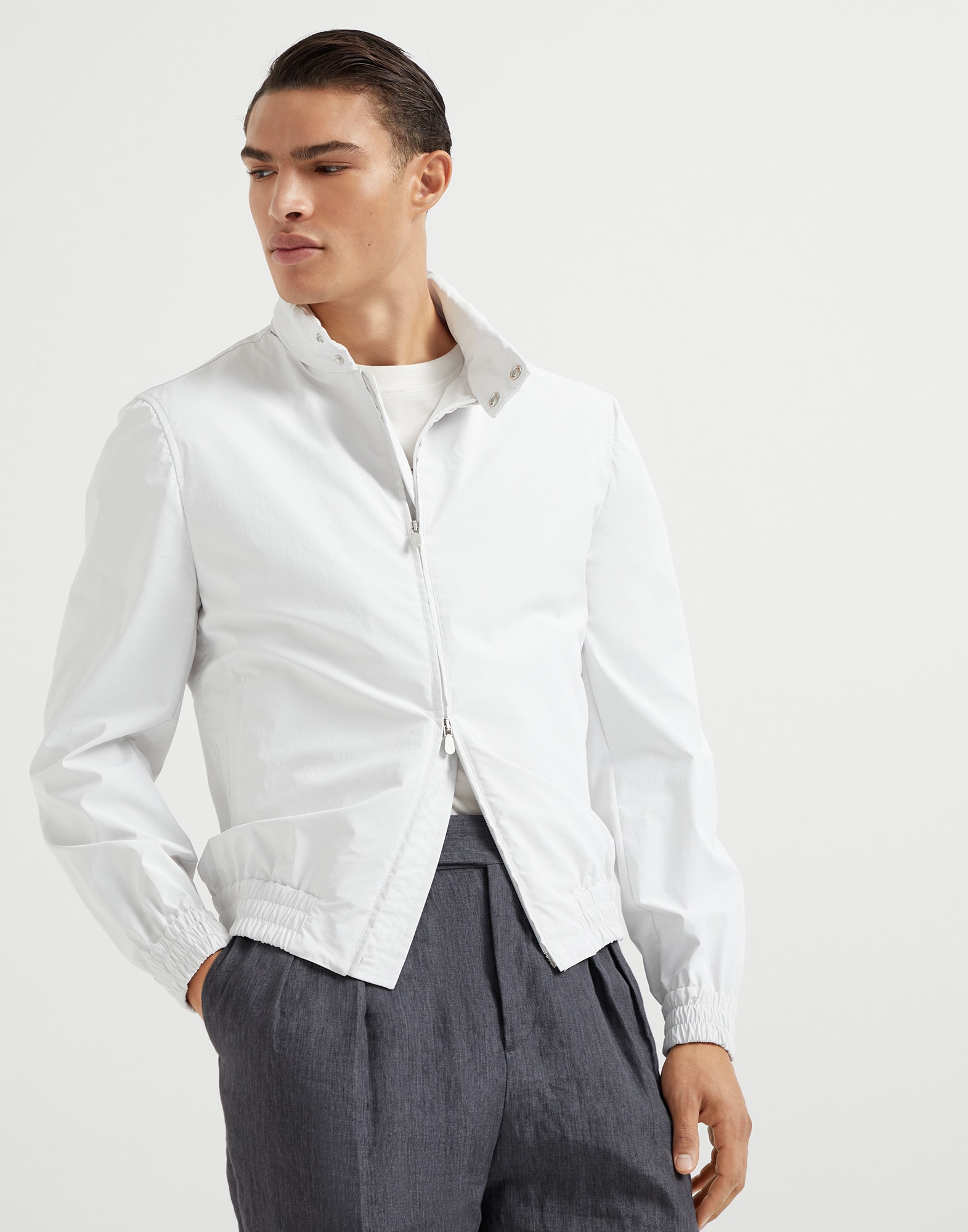Water-resistant bonded cotton unlined outerwear jacket with packable hood