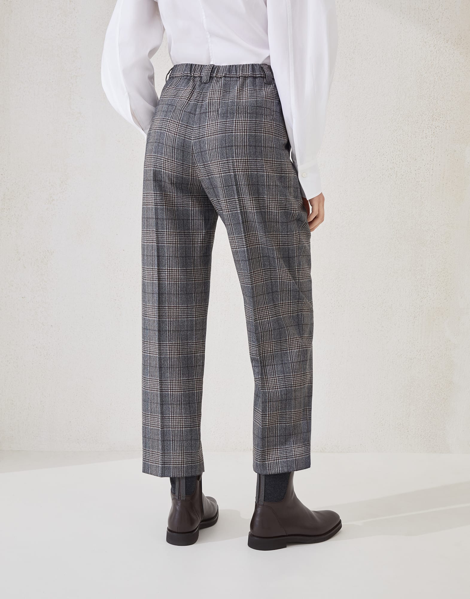 Virgin wool Prince of Wales baggy trousers with monili
