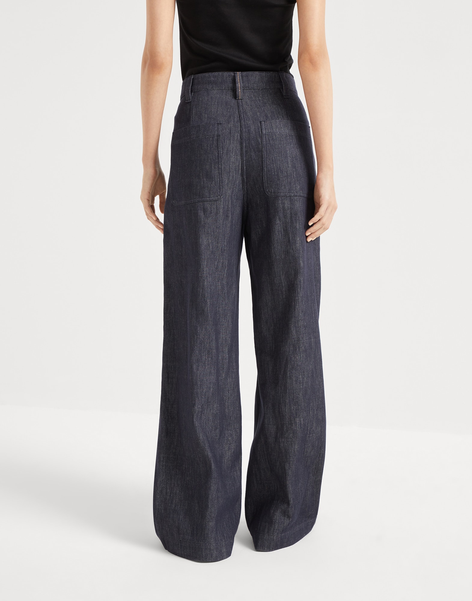 Denim-effect twill smart wide trousers with monili