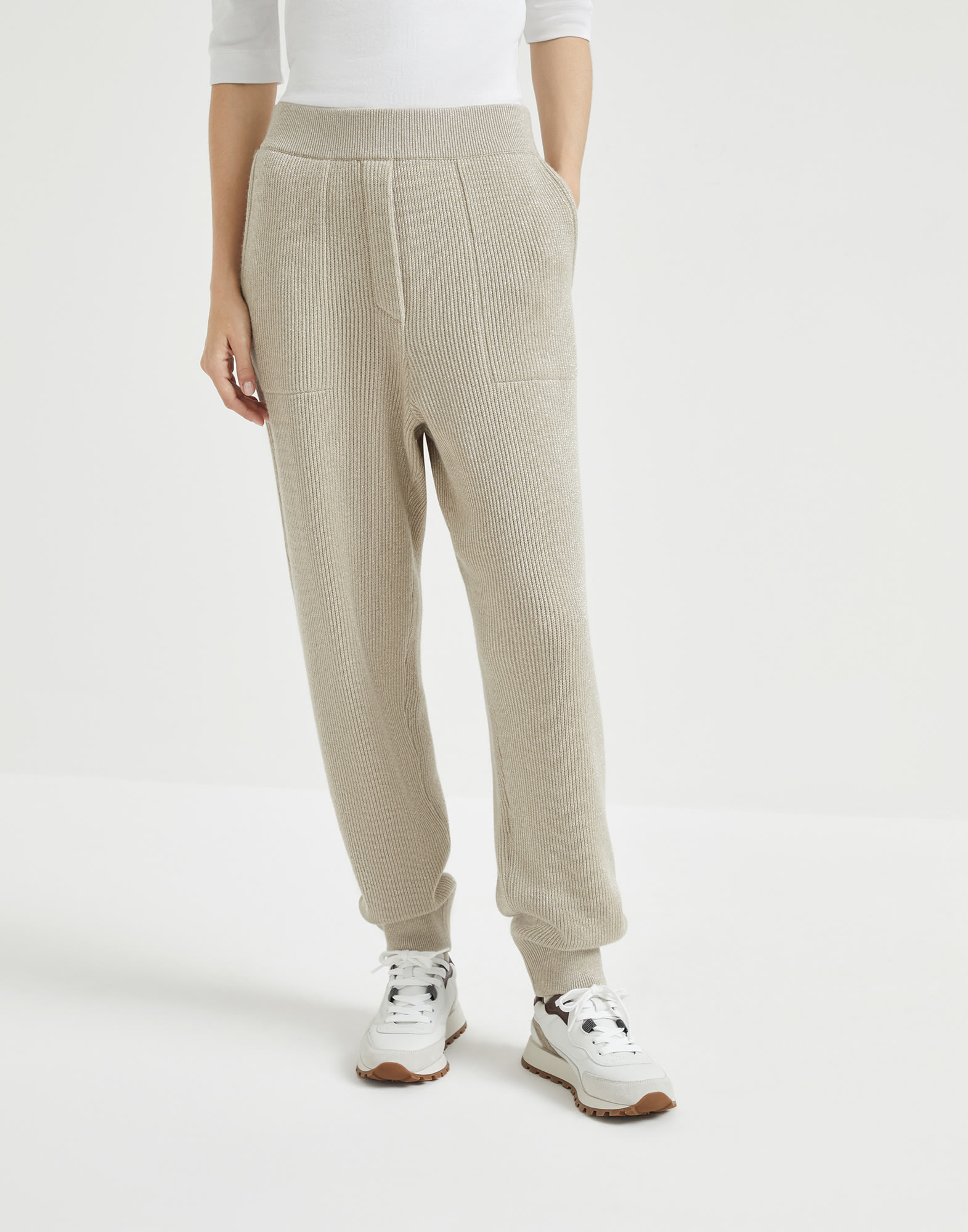 Sparkling cashmere English rib knit trousers