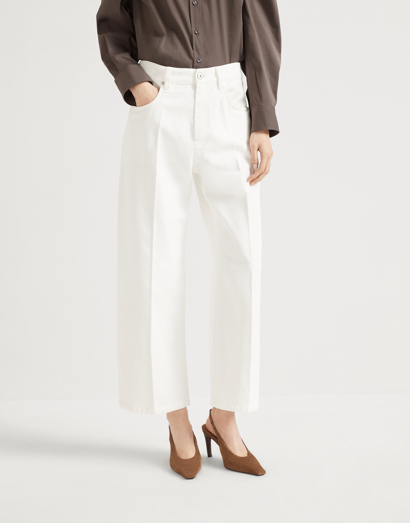 Dyed denim contemporary square trousers with monili
