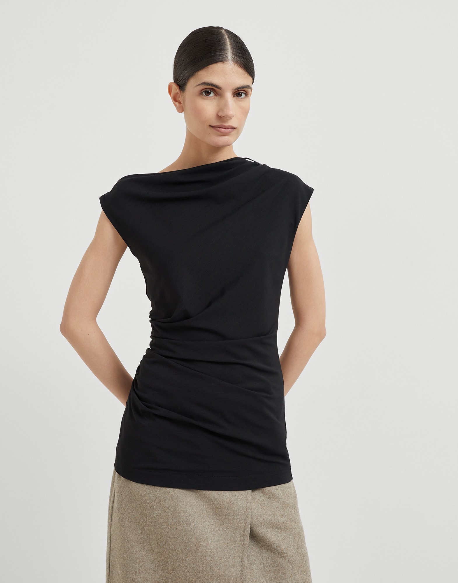 Techno wool jersey ruched T-shirt with shiny detail