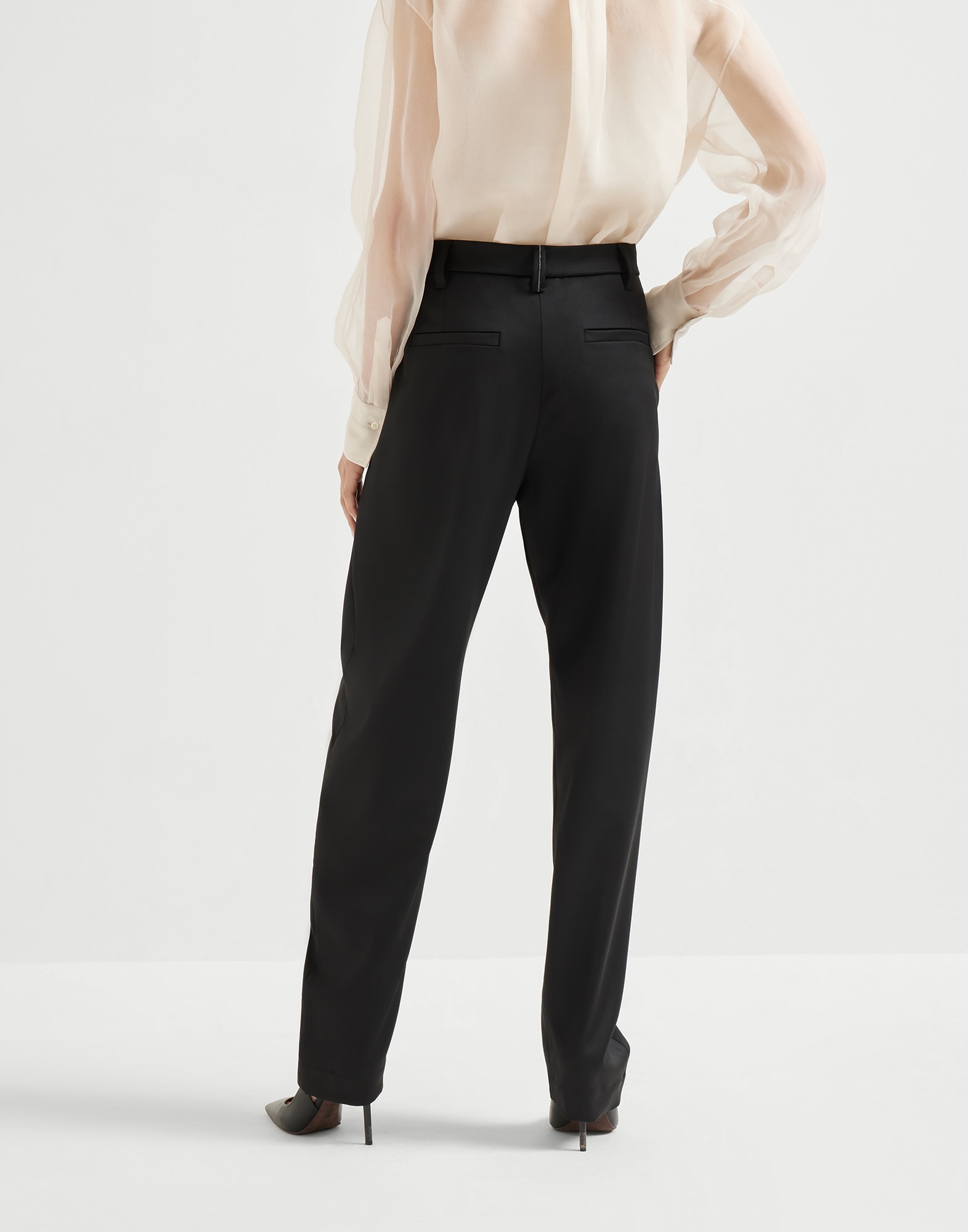 Virgin wool stretch satin slouchy trousers with monili