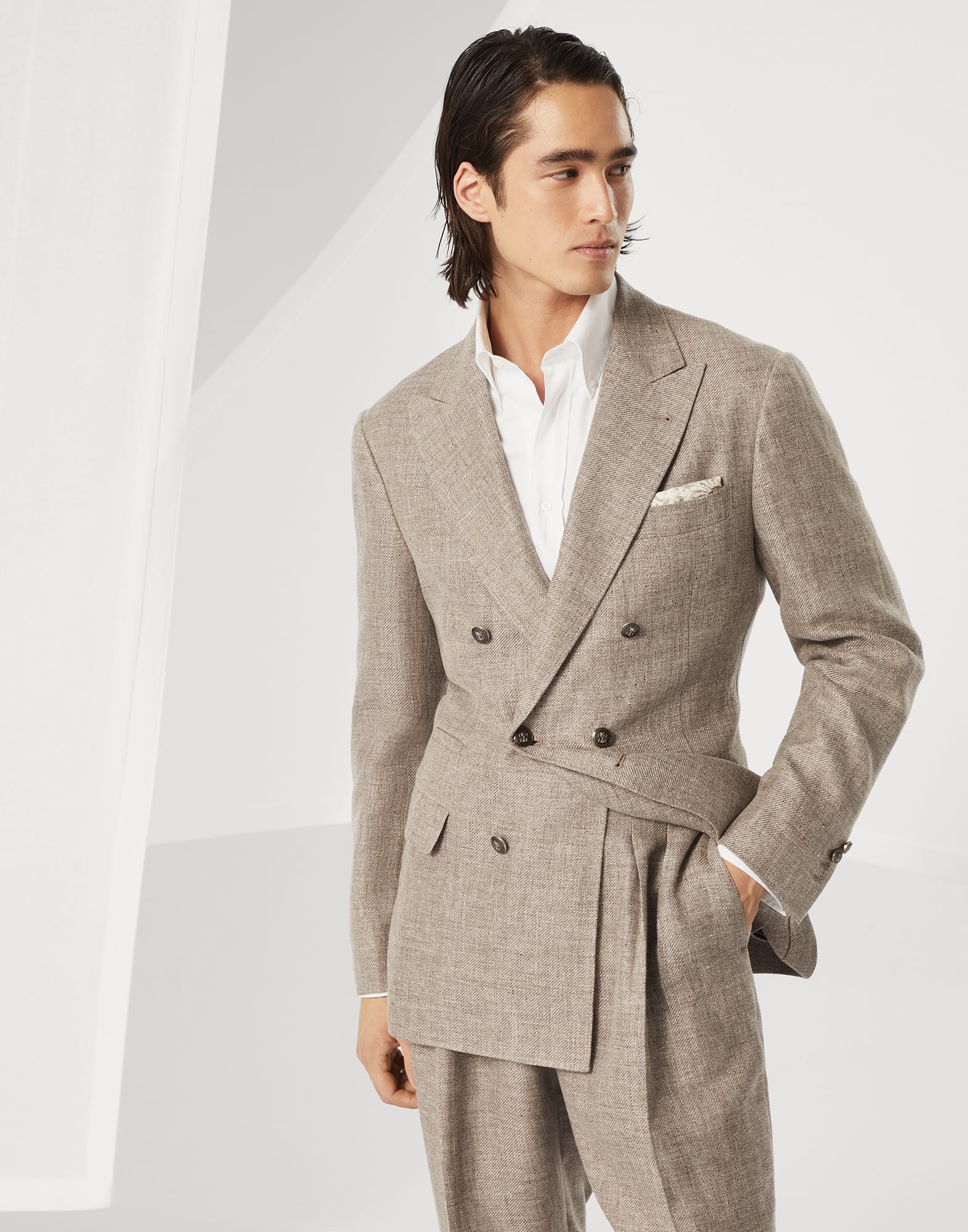 Linen, wool and silk diagonal one-and-a-half breasted deconstructed blazer with metal buttons