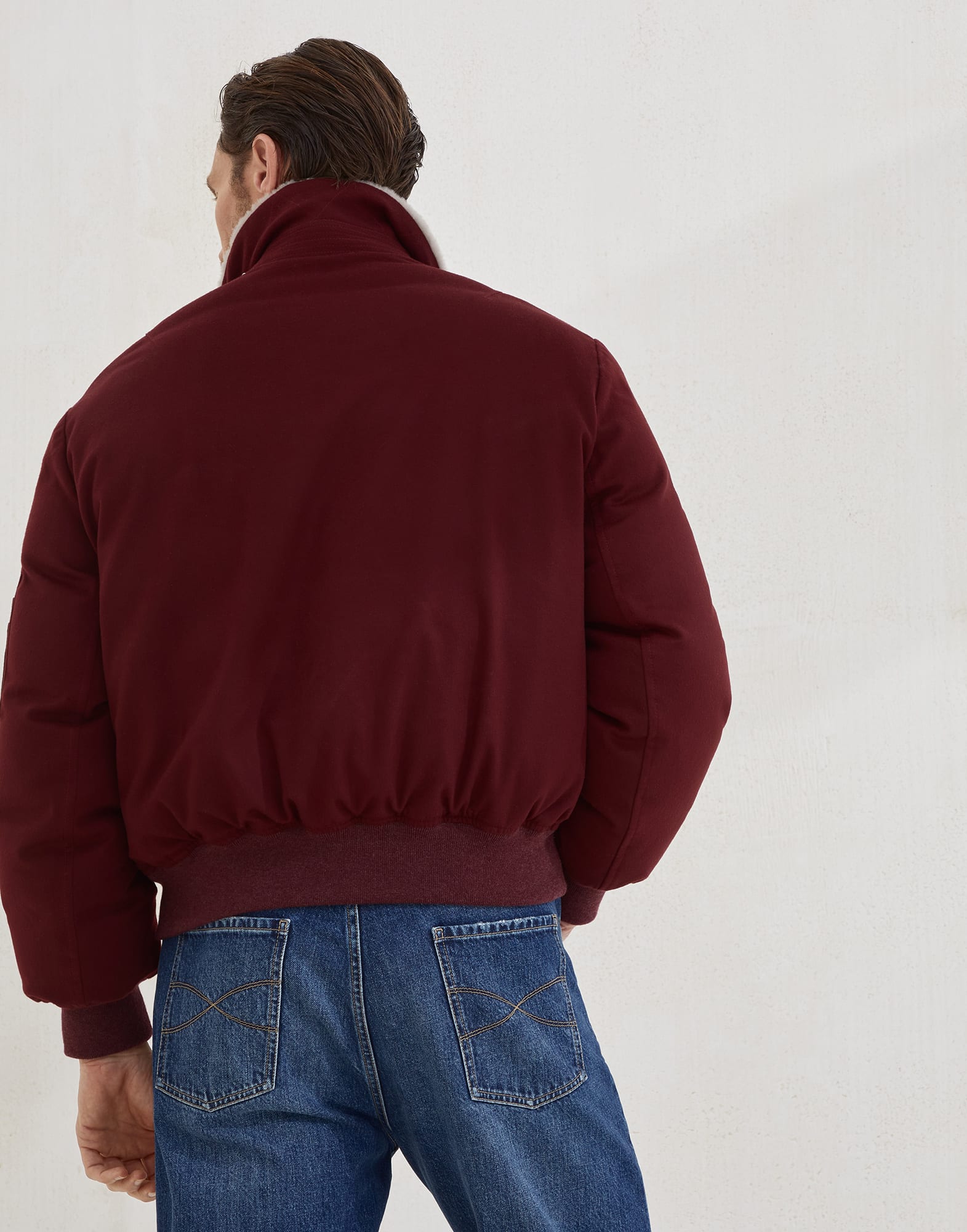 Bonded wool flannel down jacket with shearling-lined collar