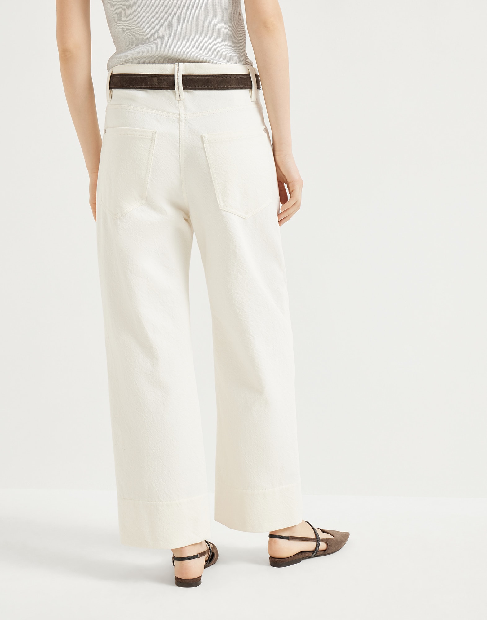 Dyed cotton and wool wrinkled denim square chino trousers with monili