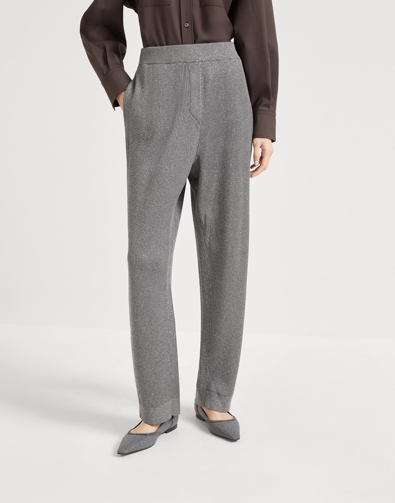 Sparkling cotton vanisé English rib knit trousers