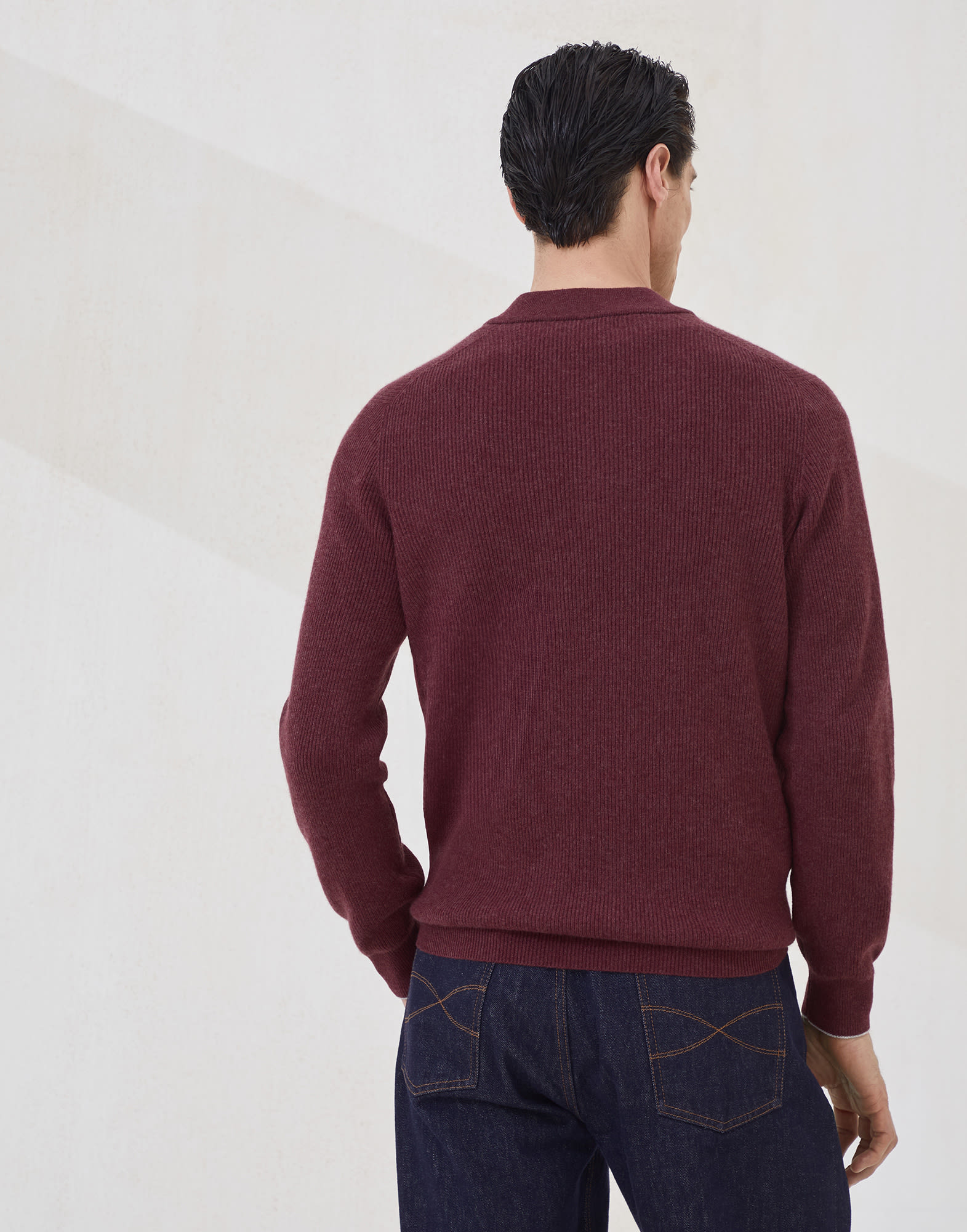 Cashmere English rib sweater with Henley collar