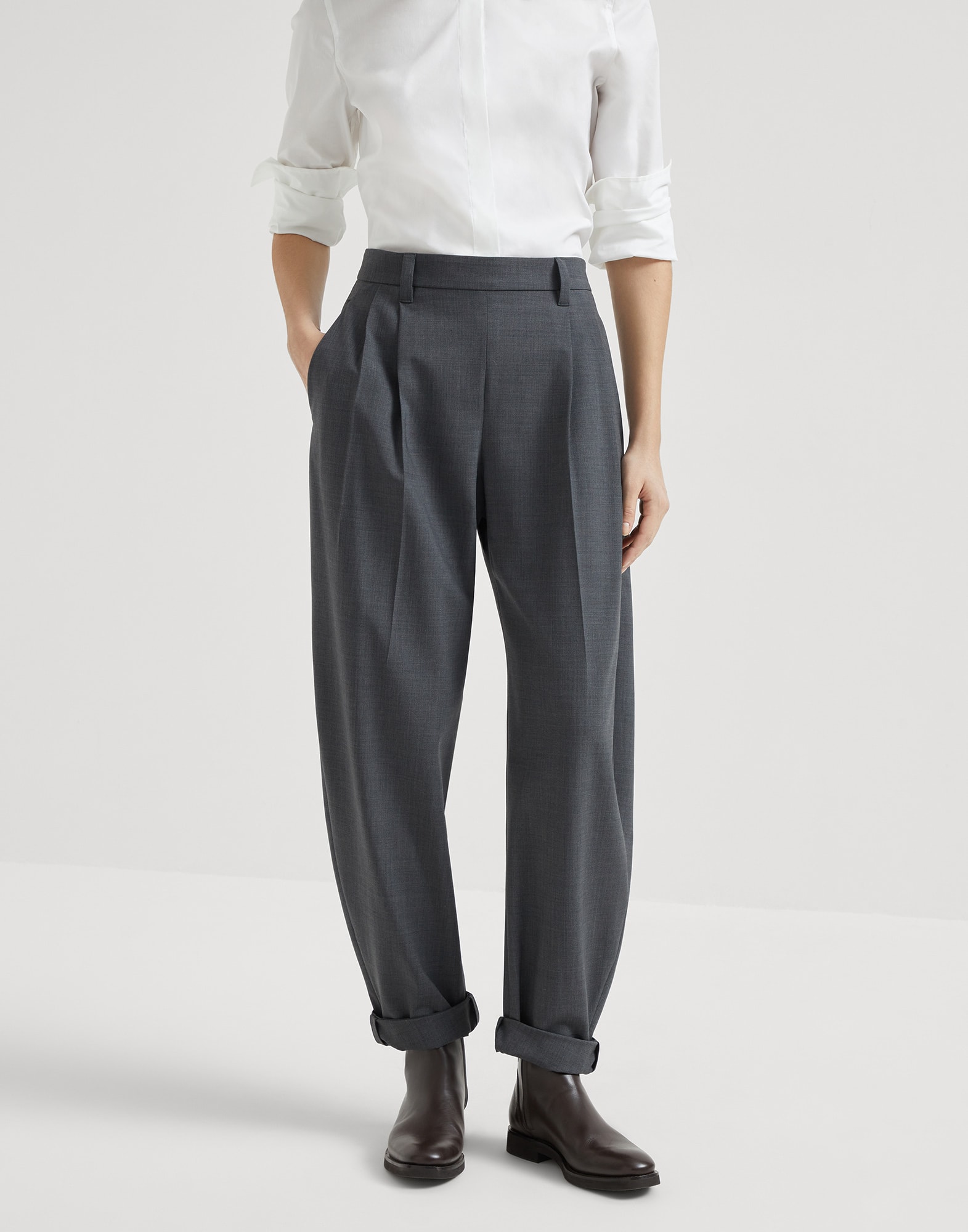 Tropical luxury wool slouchy trousers with monili