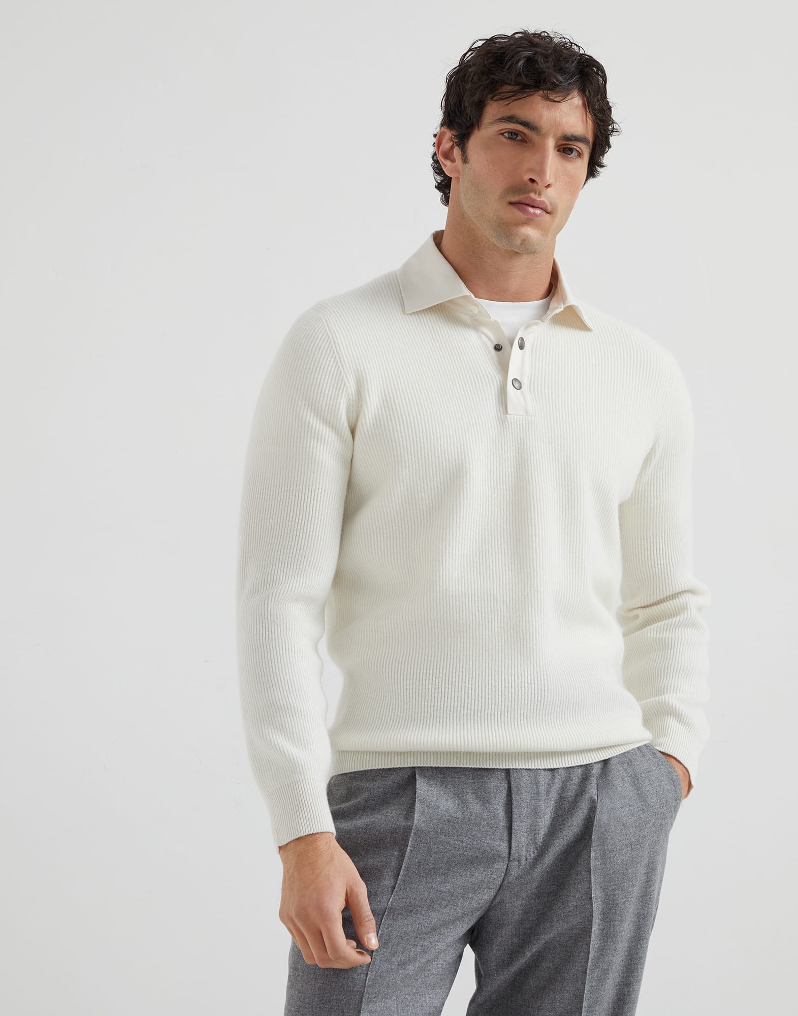 Cashmere English rib knit polo shirt with twill spread collar