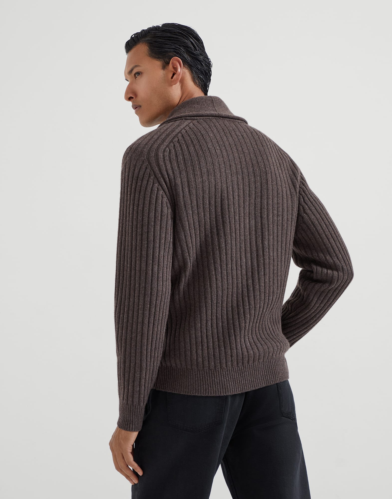 Cashmere flat rib cardigan with metal buttons
