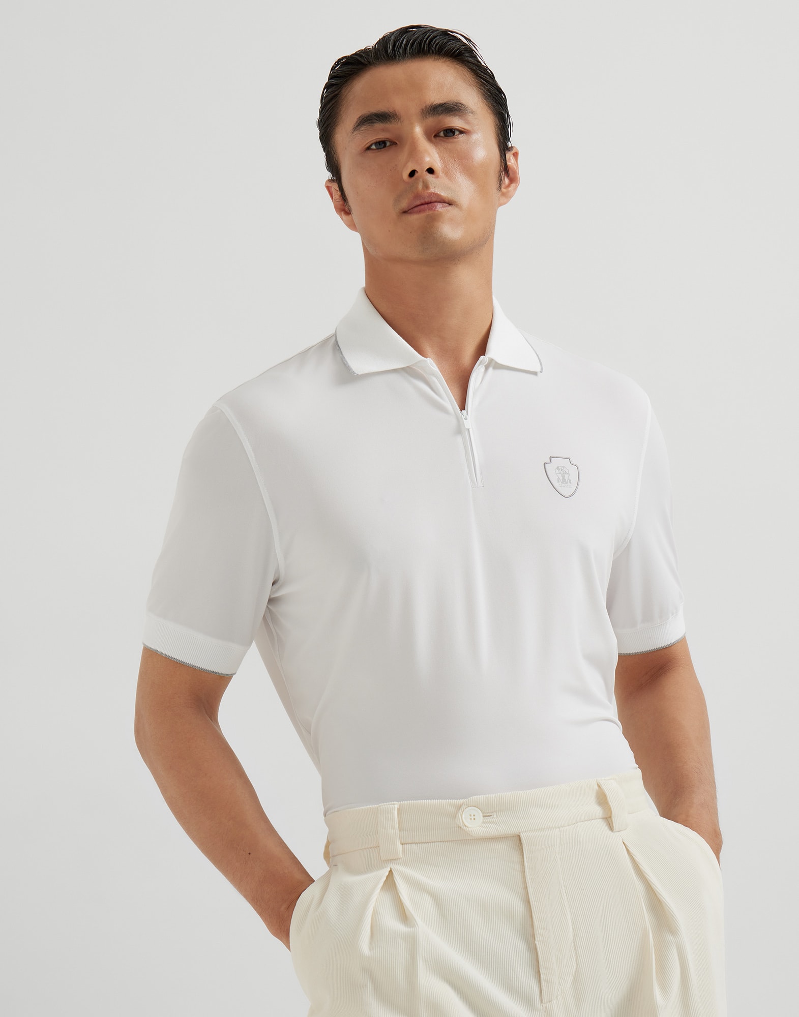 Techno piqué polo shirt with half zip