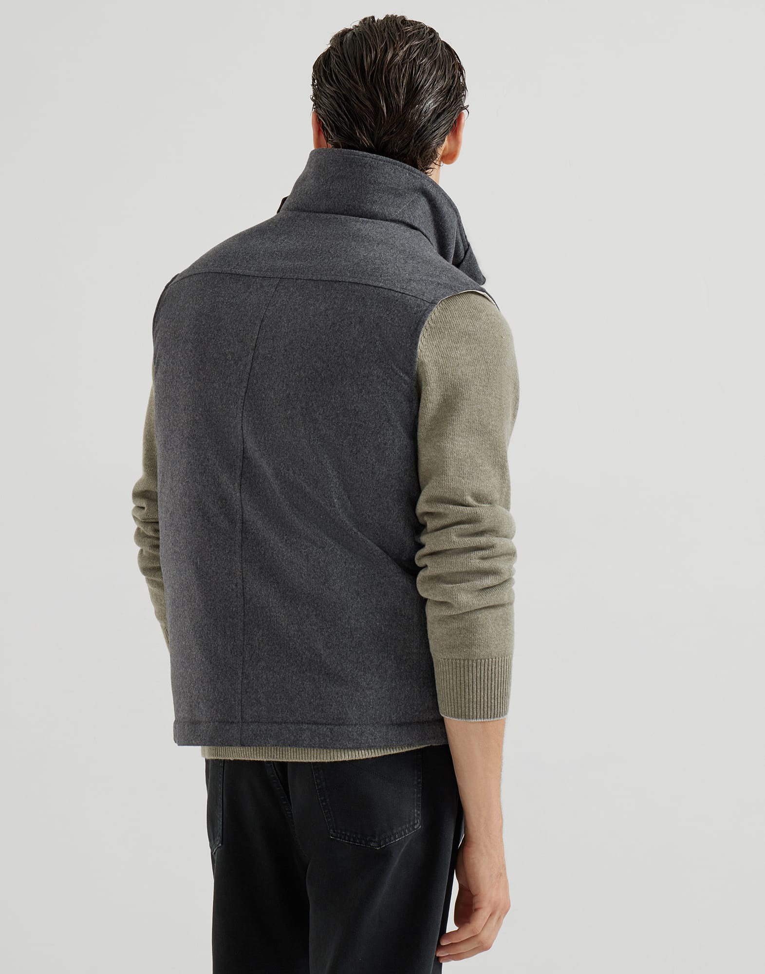 Bonded wool flannel down vest with detachable shearling insert