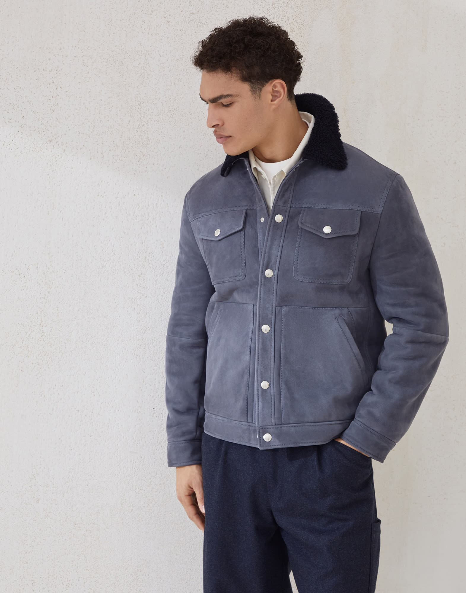 Suede curly shearling four-pocket jacket