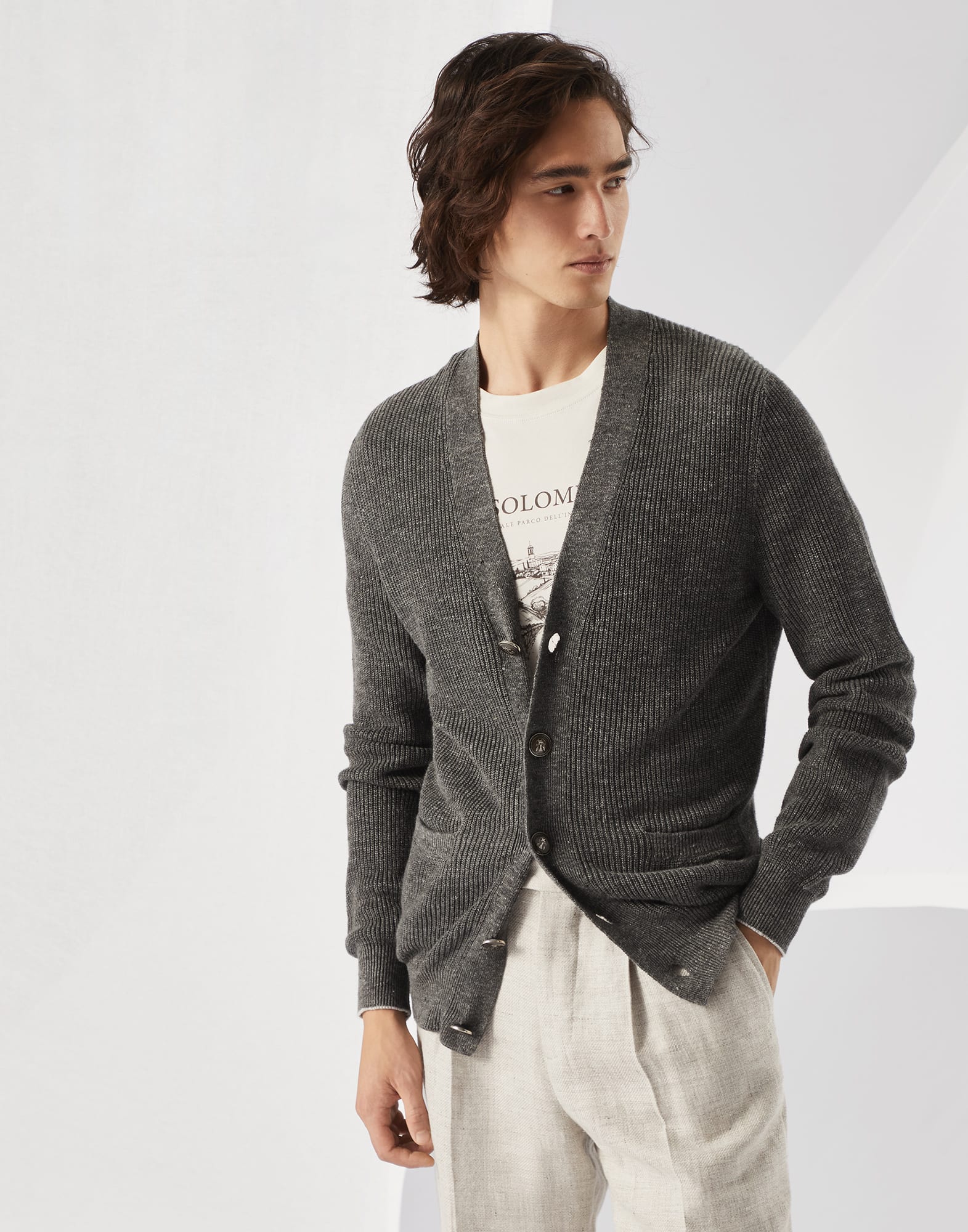 Linen and cotton half English rib cardigan with metal buttons
