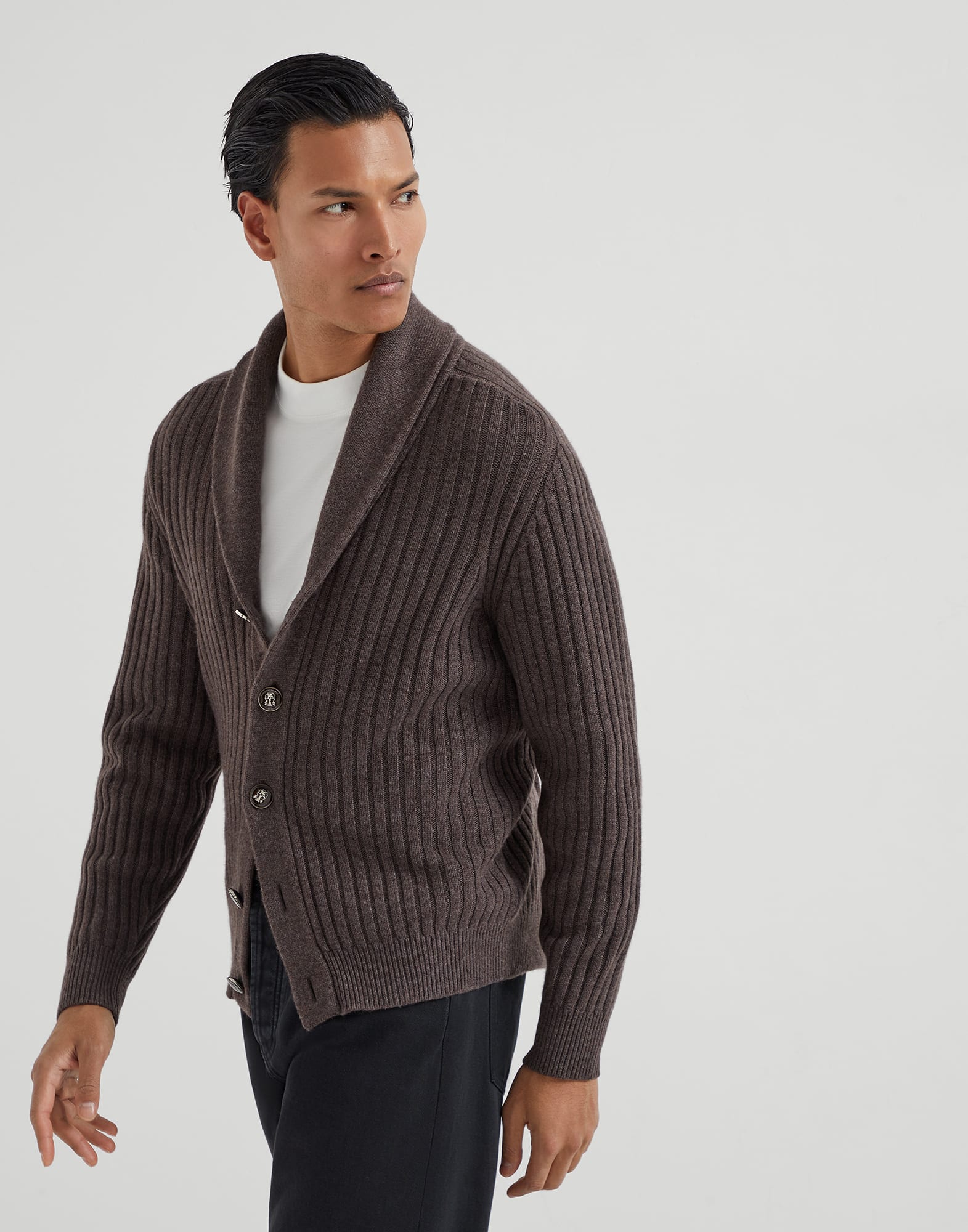 Cashmere flat rib cardigan with metal buttons