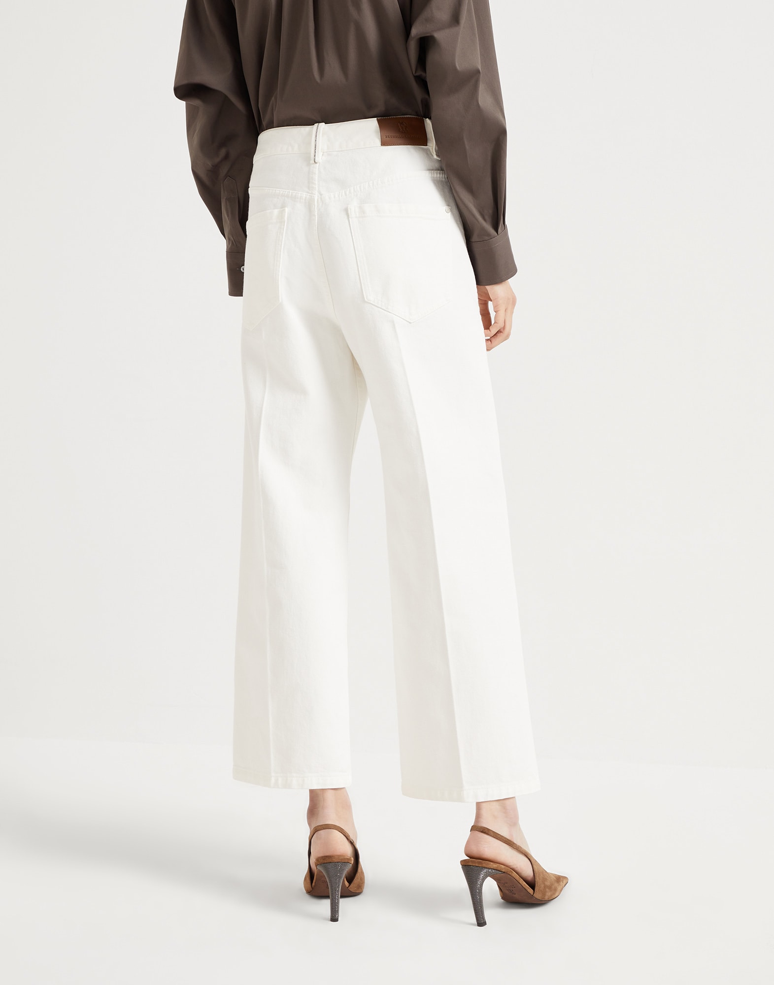 Dyed denim contemporary square trousers with monili