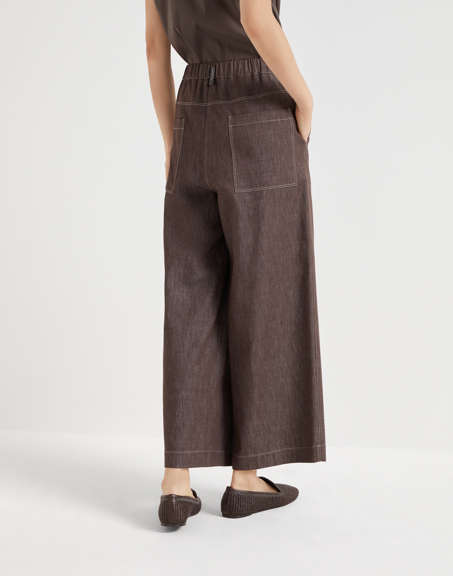 Denim-effect twill pleated A-line trousers with shiny loop